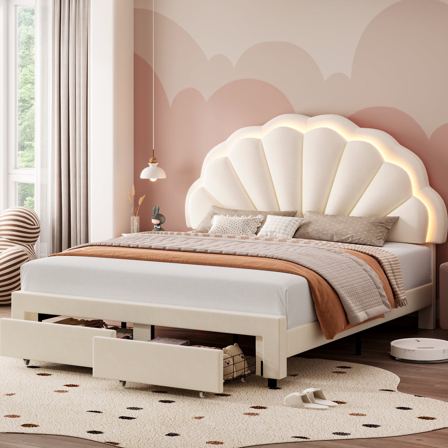 Homfa Full Size LED Bed Frame with Drawer, Velvet Upholstered Platform Bed with Adjustable Petal Headboard for Kid, Beige
