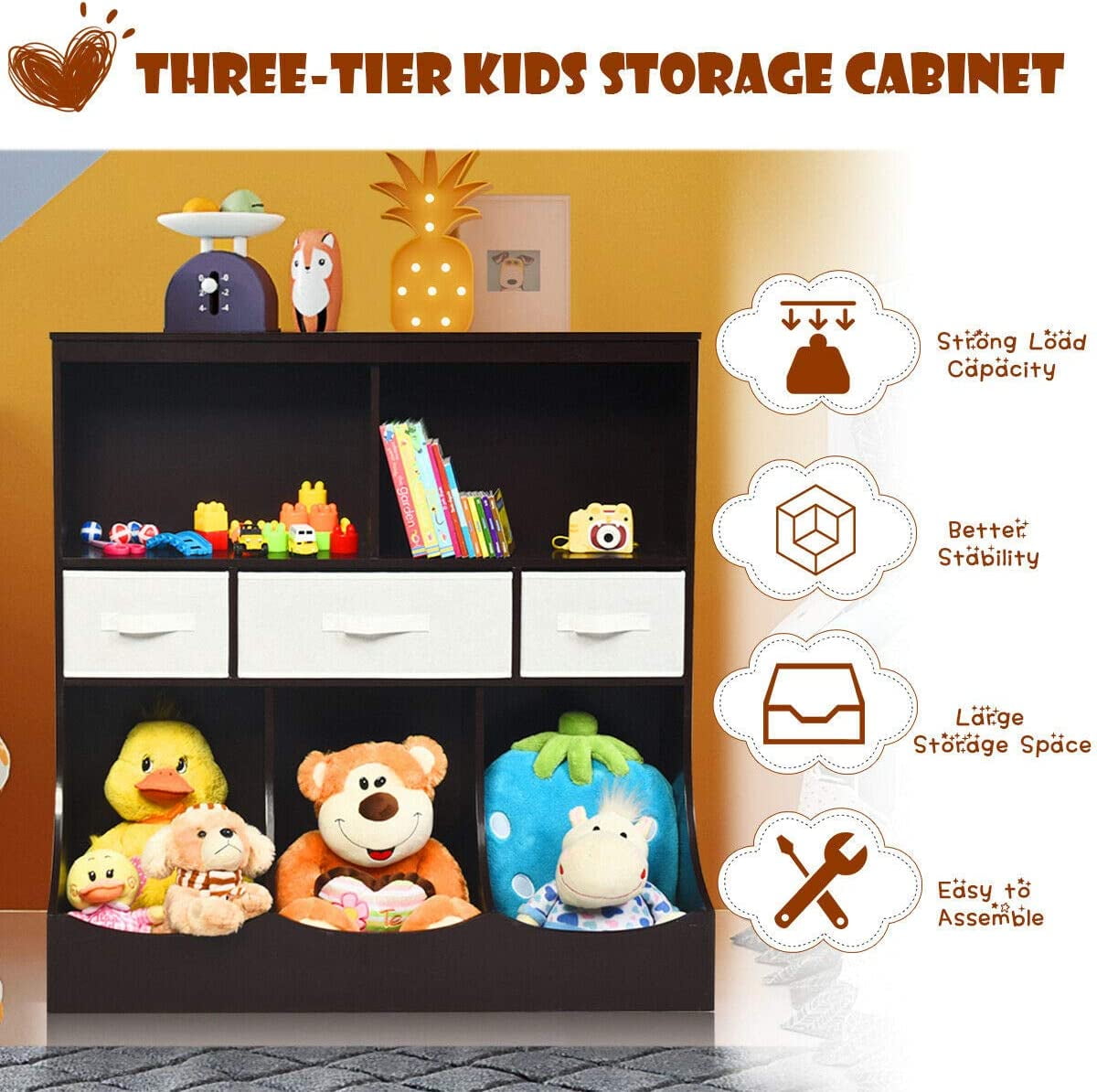 3-Tier Kids Bookcase Toddler Storage Organizer Cabinet Shelf w/ 8 Compartment Box and 3 Removable Drawers for Children, Freestanding Storage Unit for Bedroom Decor Room (Espresso)