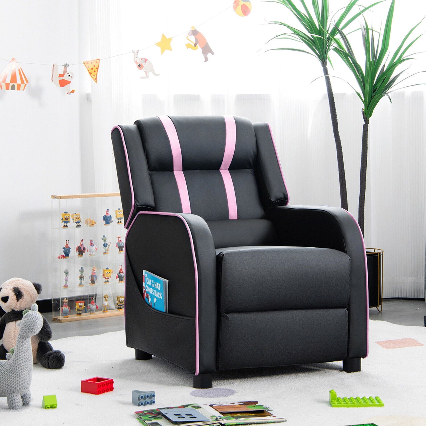 Gymax Kids Recliner Chair Ergonomic Leather Sofa Armchair w/Footrest Side Pocket Pink