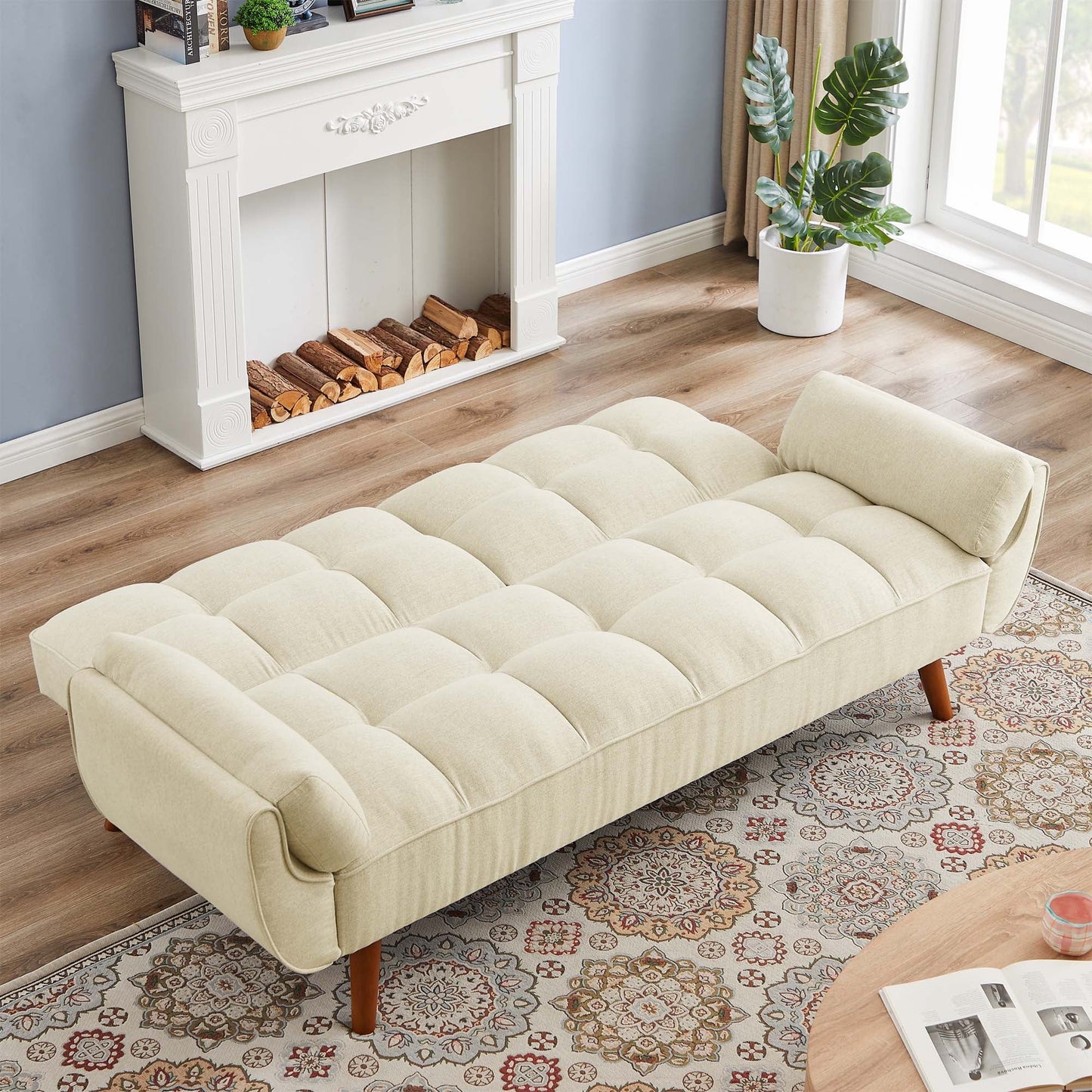 Aukfa 75in Flared Arm Futon Convertible Sofa Bed, Curved Sleeper Sofa for Home Office, Beige