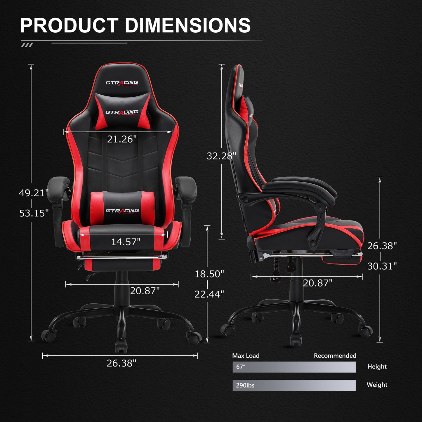 GTRACING GTWD-200 Ergonomic Gaming Chair with Adjustable Pillows and Footrest for Ultimate Comfort, Red