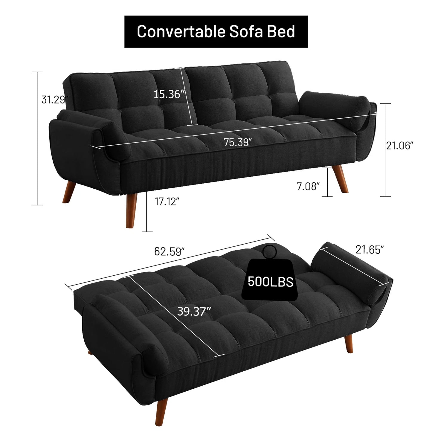 Aukfa 75in Flared Arm Futon Convertible Sofa Bed, Curved Sleeper Sofa for Home Office, Corduroy, Black