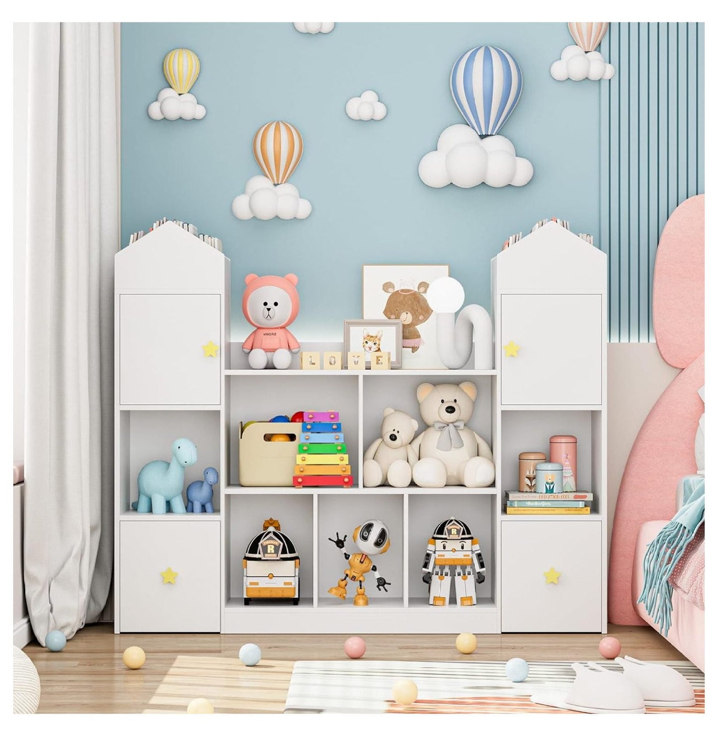 54.5' Toy Storage Organizer, Toy Organizers and Storage Toy Chest with 9 Storage Cubbies and 2 Moveable Drawers, Kids Bookshelf Kids Bookcase with Hidden Wheels for Playroom Bedroom