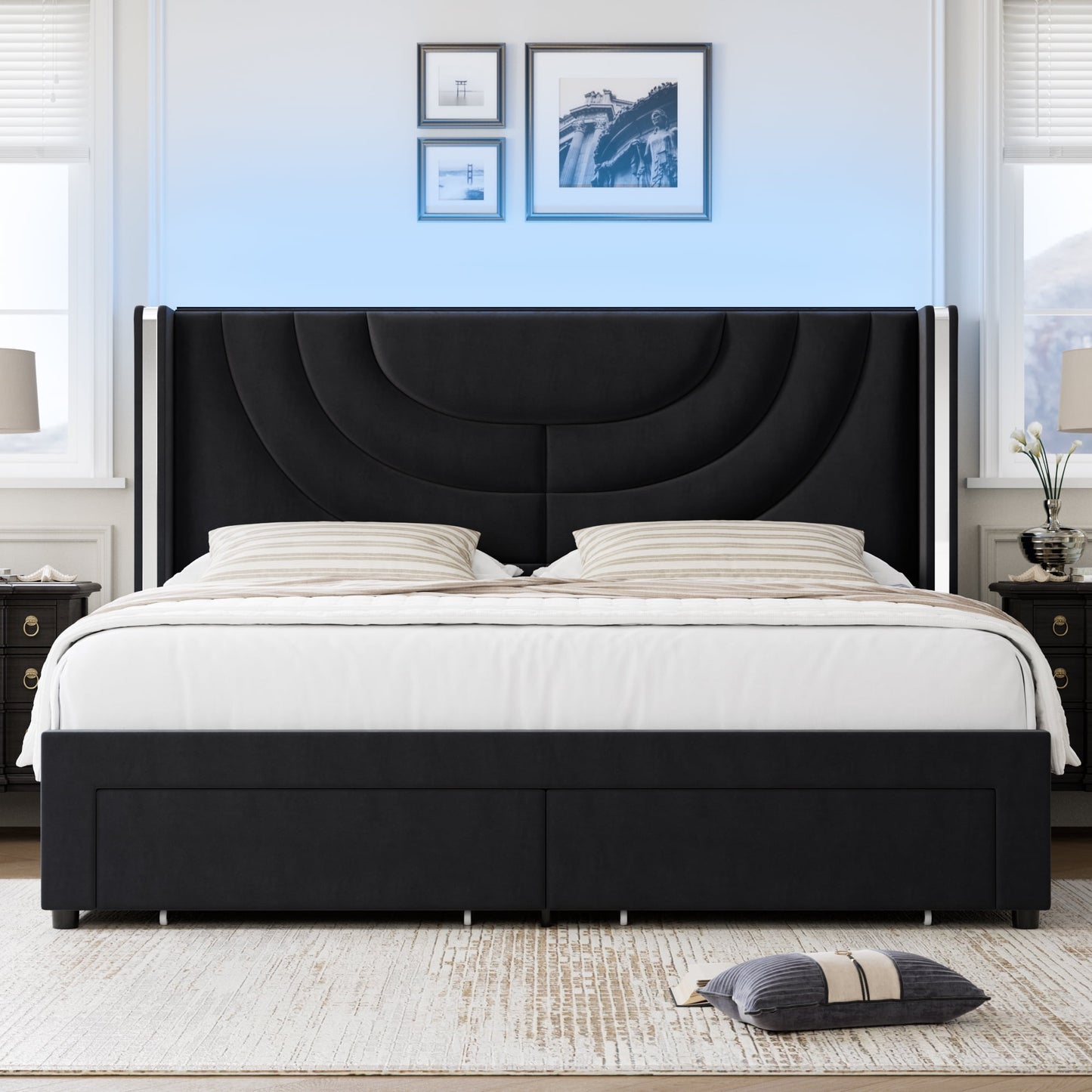 Homfa Queen Size Platform Bed Frame with Velvet Upholstered Headboard, LED Bed Frame with 2 Drawers, Black