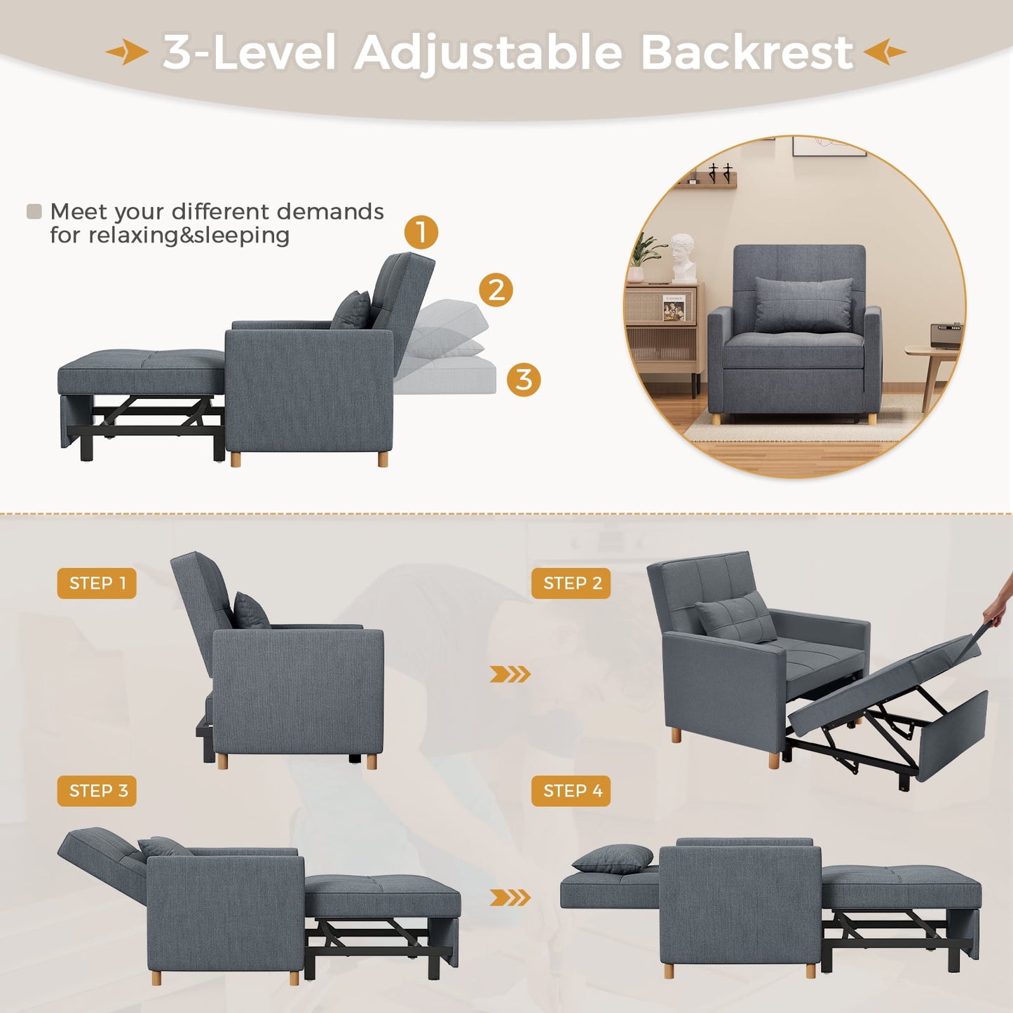AECOJOY Sleeper Chair, 3 in 1 Chair Bed for Adults, Pull Out Sofa Chair with Pillow and Convertible Backrest, Multi-Functional Fold Out Futon Chair Reading Chair for Small Space (Dark Grey)