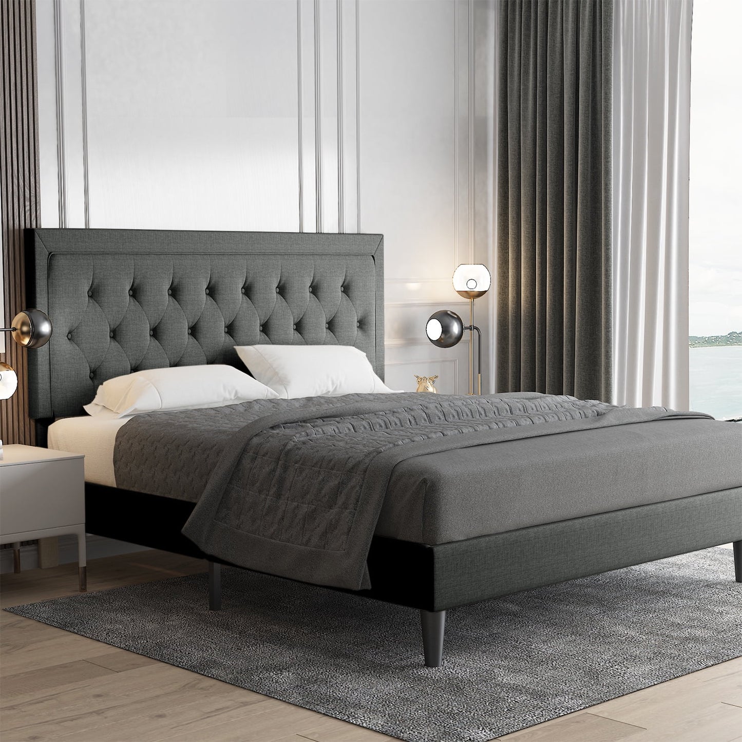 Allewie King Size Bed Frame Upholstered Platform Bed with Adjustable Headboard, Box Spring not Needed, Dark Grey
