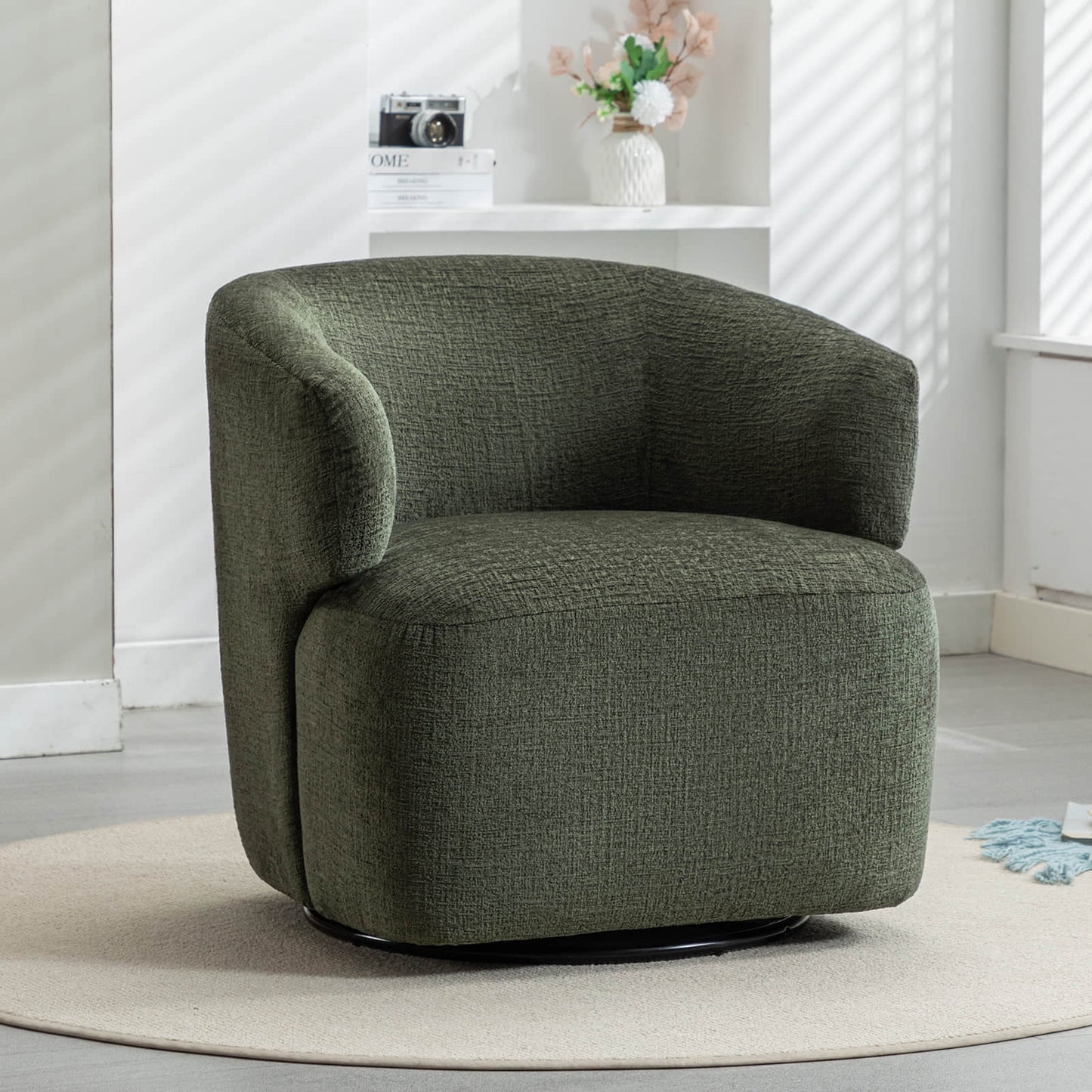 30in Wide Chenille Upholstered Swivel Accent Chair Boucle Swivel Barrel Chair