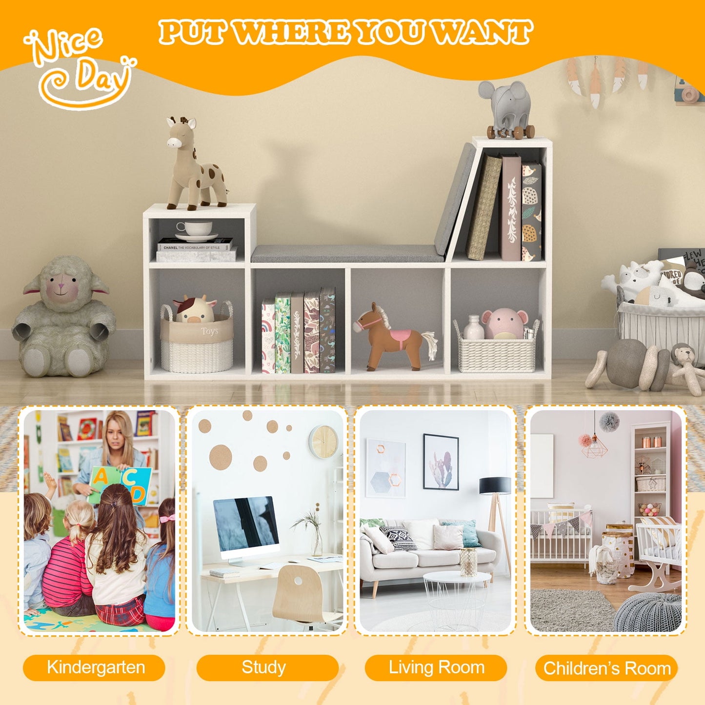 Hironpal 6 Cube Kids Bookshelf with Reading Nook, Toy Storage Organizer with Seat Cushion for Bedroom, White