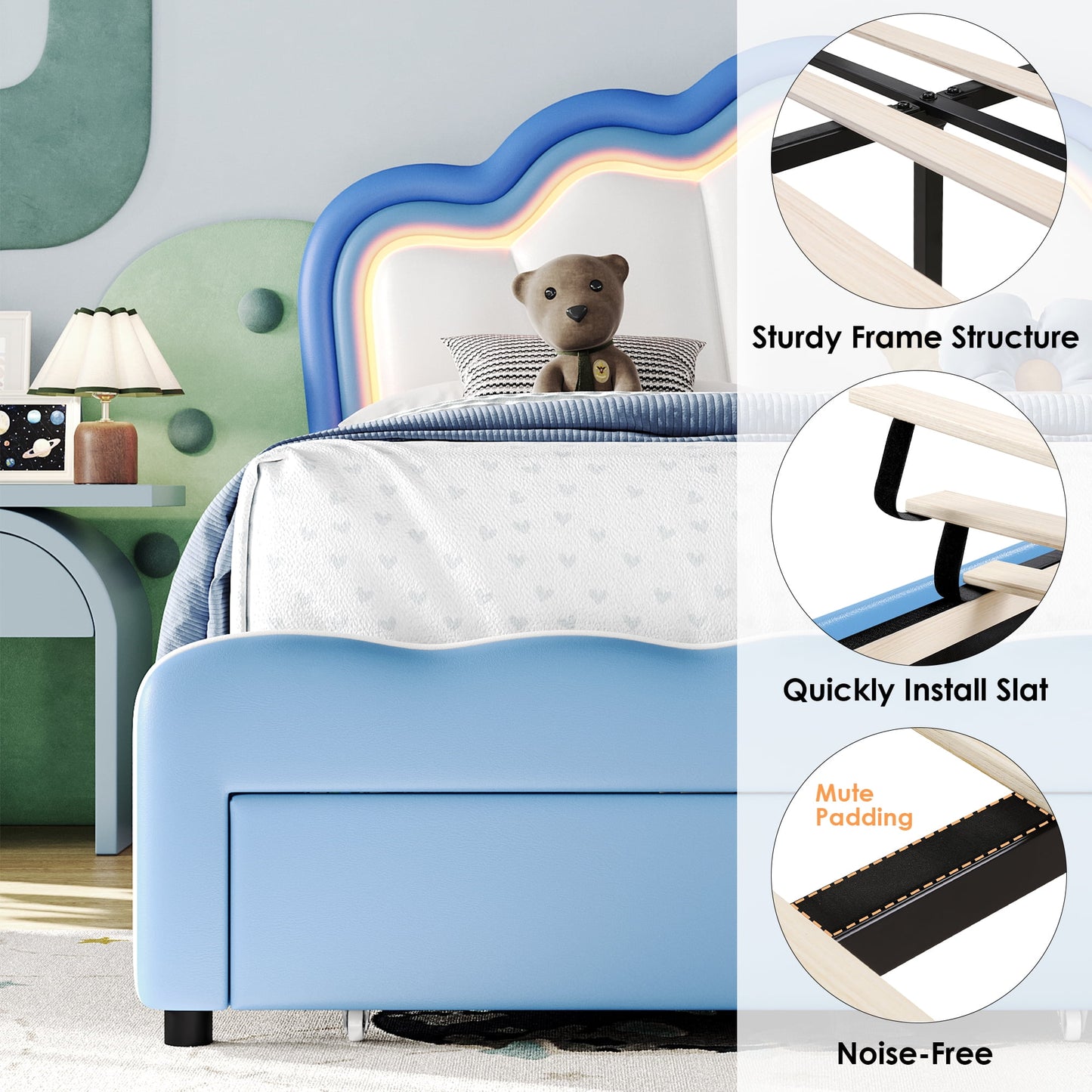 Homfa Twin Size LED Bed Frame with Drawer, PU Leather Upholstered Platform Bed with Adjustable Petal Headboard for Kid, Blue