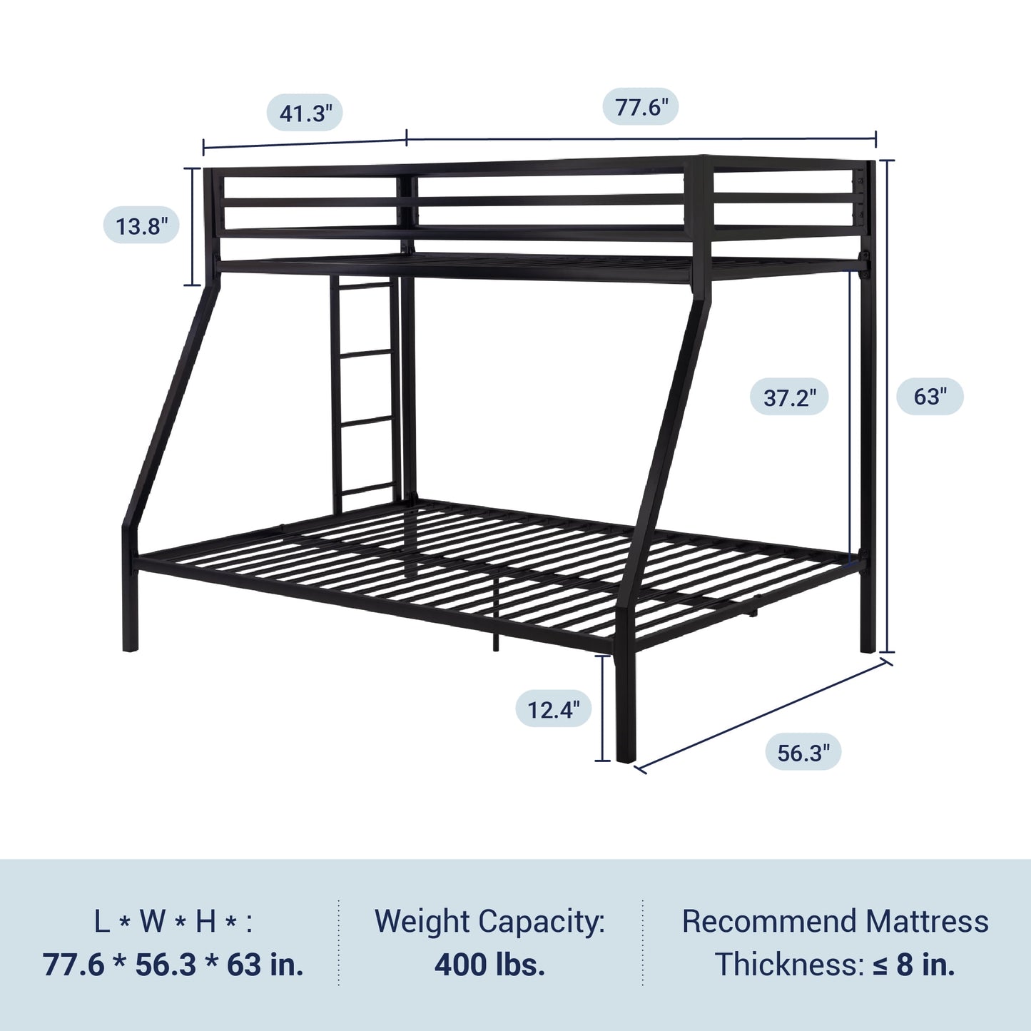 Sifurni Twin Over Full Metal Bunk Bed with Removable Stairs & Full-Length Guardrail, Black
