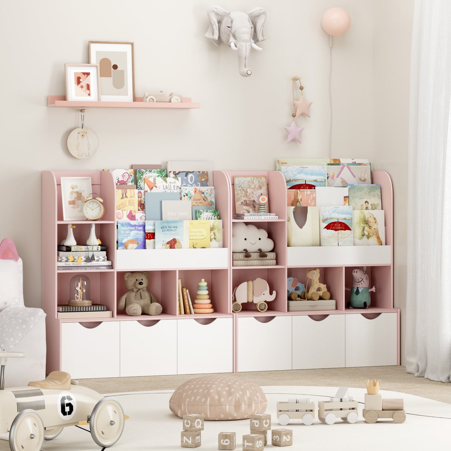 Homfa Kid's Large Bookshelf with 3 Movable Drawers, 5-Cube Bookcase with 4-Tier Display Stand, Toy Storage Organizer for Bedroom Playroom, White Pink