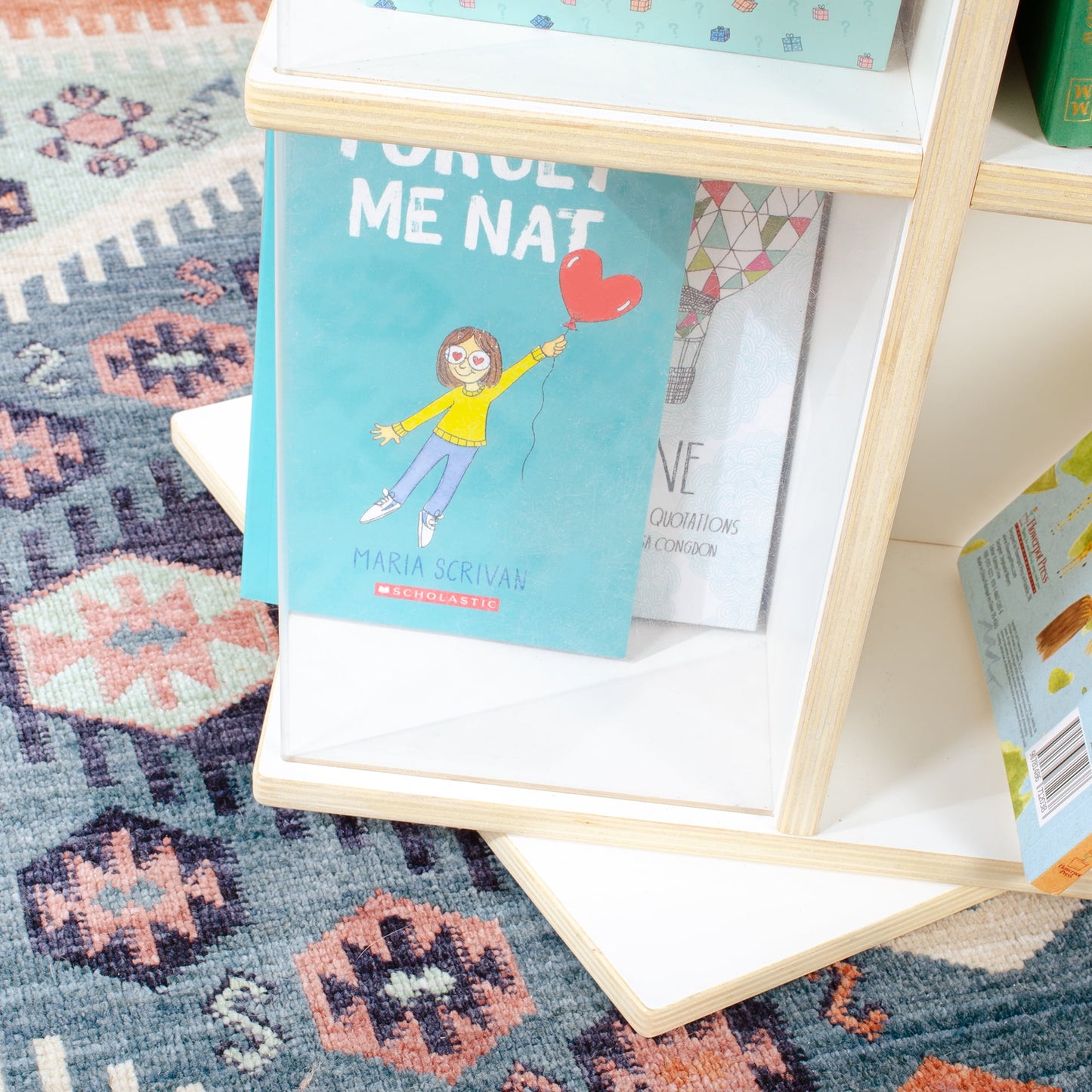 Guidecraft EdQ Rotating 3 Tier Book Display - White: Round Wooden Spinning Bookshelf Storage with Acrylic Shelves for Kids' Books