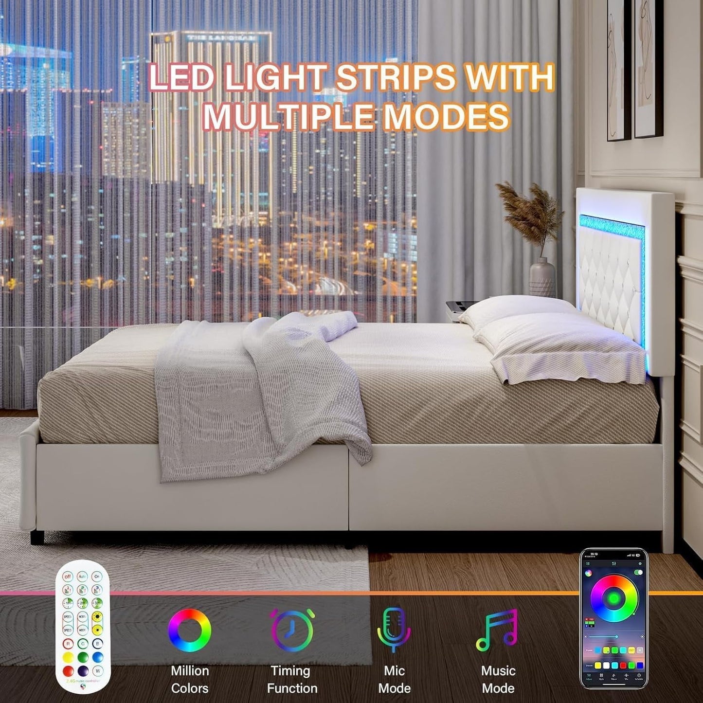 4 EVER WINNER Queen Size LED Bed Frame, White Queen Bed Frame with LED Light Headboard, 4 Storage Drawers Upholstered Platform Bed Frame, White