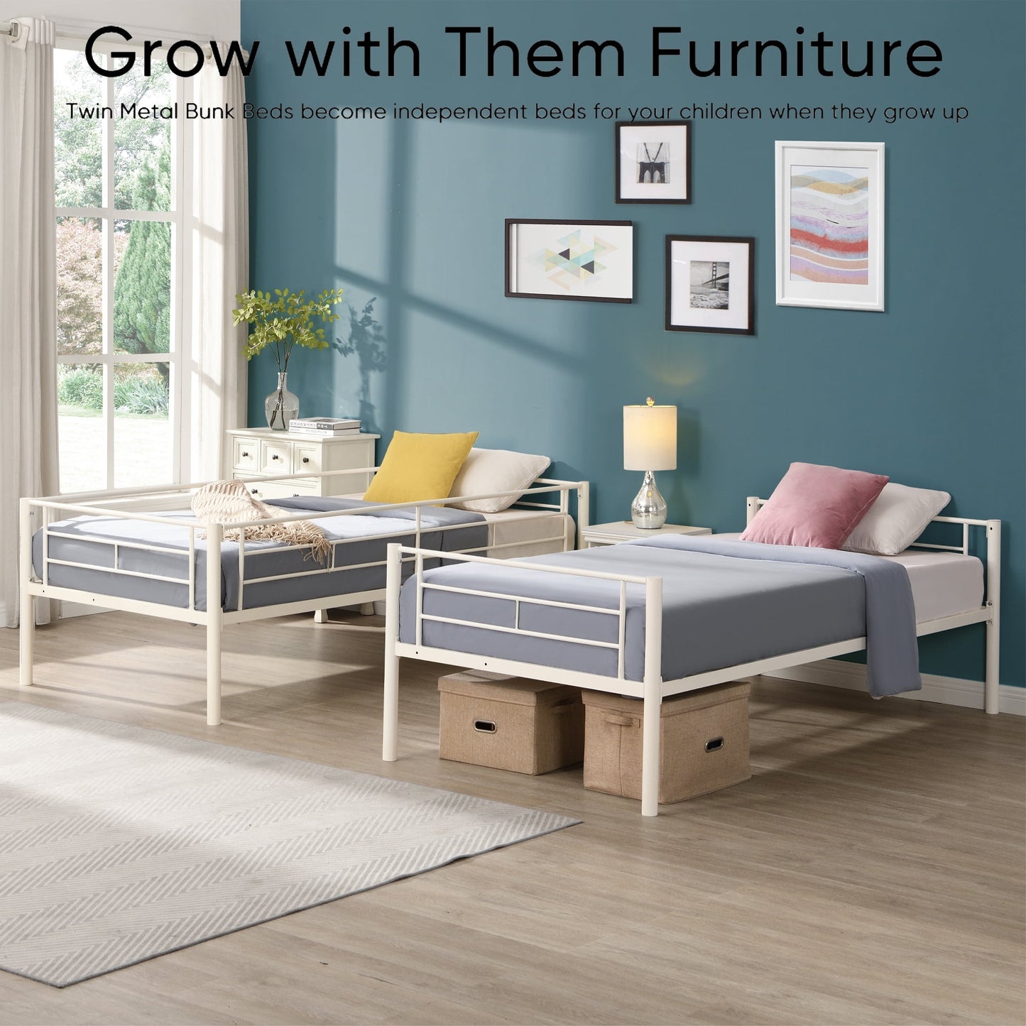 iRerts Metal Twin over Twin Bunk Bed, Convertible Bunk Beds Twin over Twin with 2 Ladders and Full-Length Guardrail, Modern Twin Bunk Beds for Adults Teens Kids Bedroom, No Box Spring Needed, White