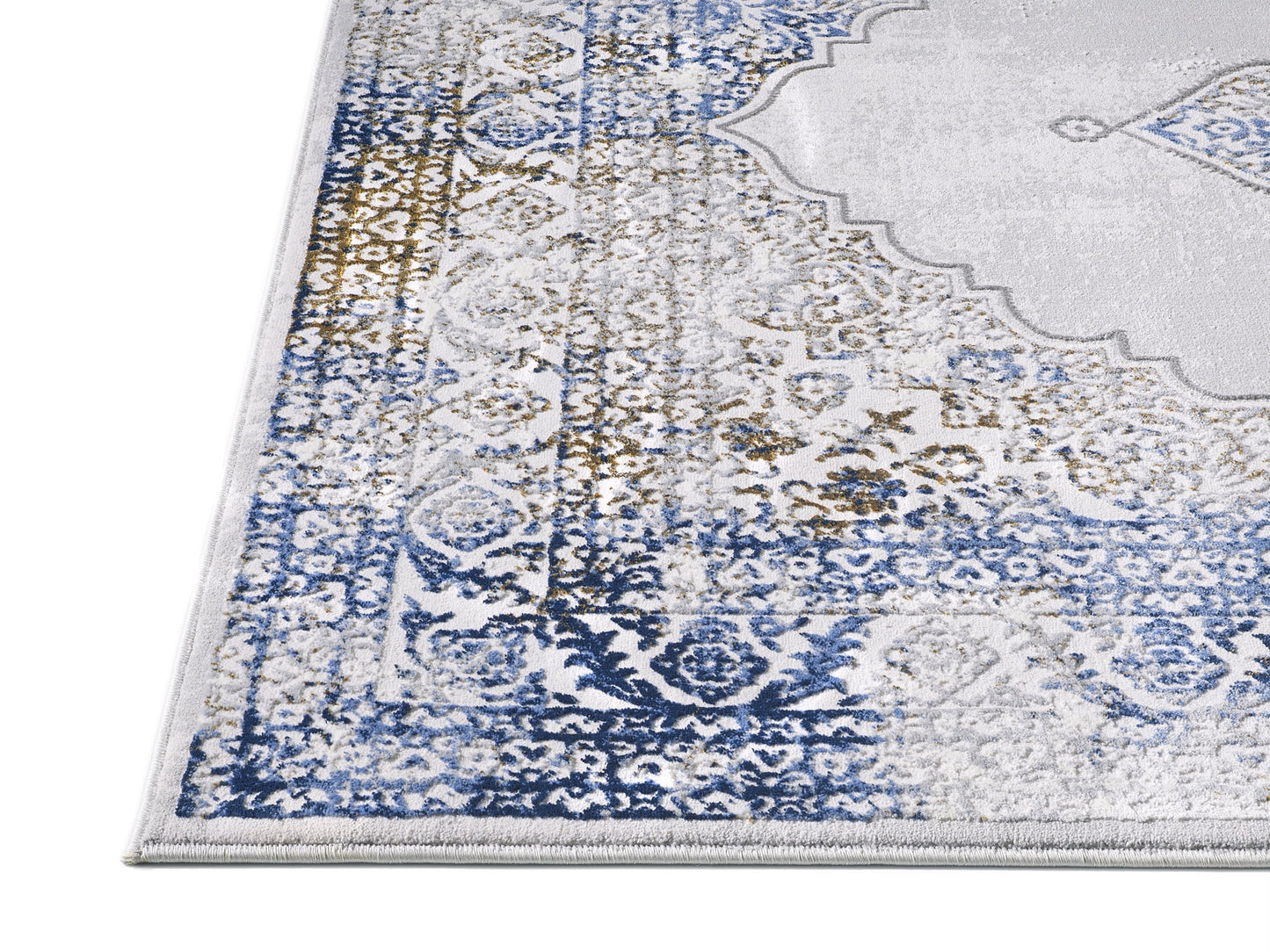 Allstar Rugs 7' 9in x 10' 0in Gainsboro Grey Traditional Persian Themed Polyester Area Rug with a Blue Bijar Design and Gold Accents. Machine-Made in Turkey.