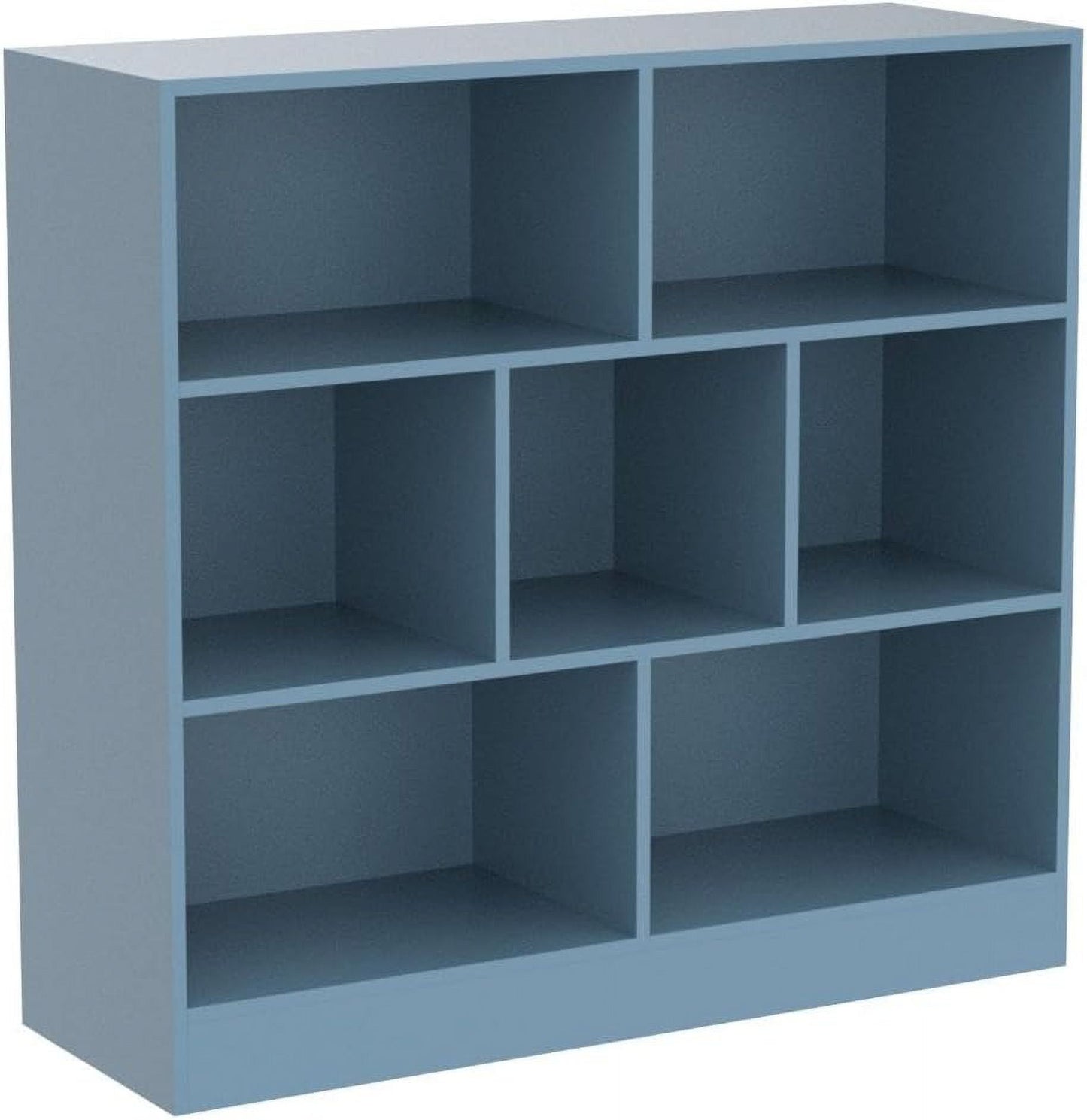 IOTXY Open Shelf Low Bookcase - Wooden 3-Tier Floor Standing Display Cabinet Organizer with Base, 7 Cubes Short Horizontal Bookshelf in Bright Blue
