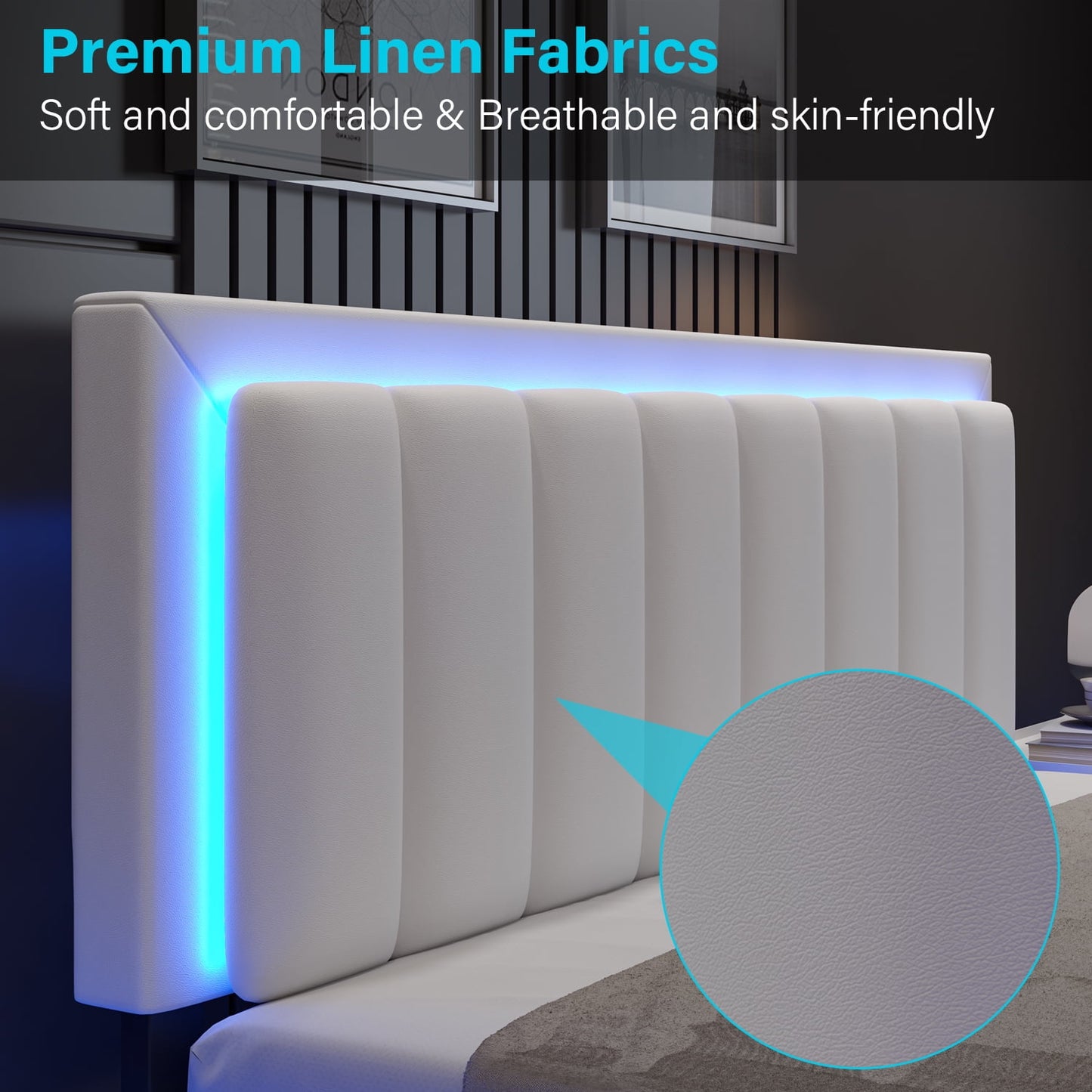 4 EVER WINNER LED Queen Size Bed Frame, White Queen Bed Frame with Led Light Headboard, PU Leather Upholstered Bed Frame, White