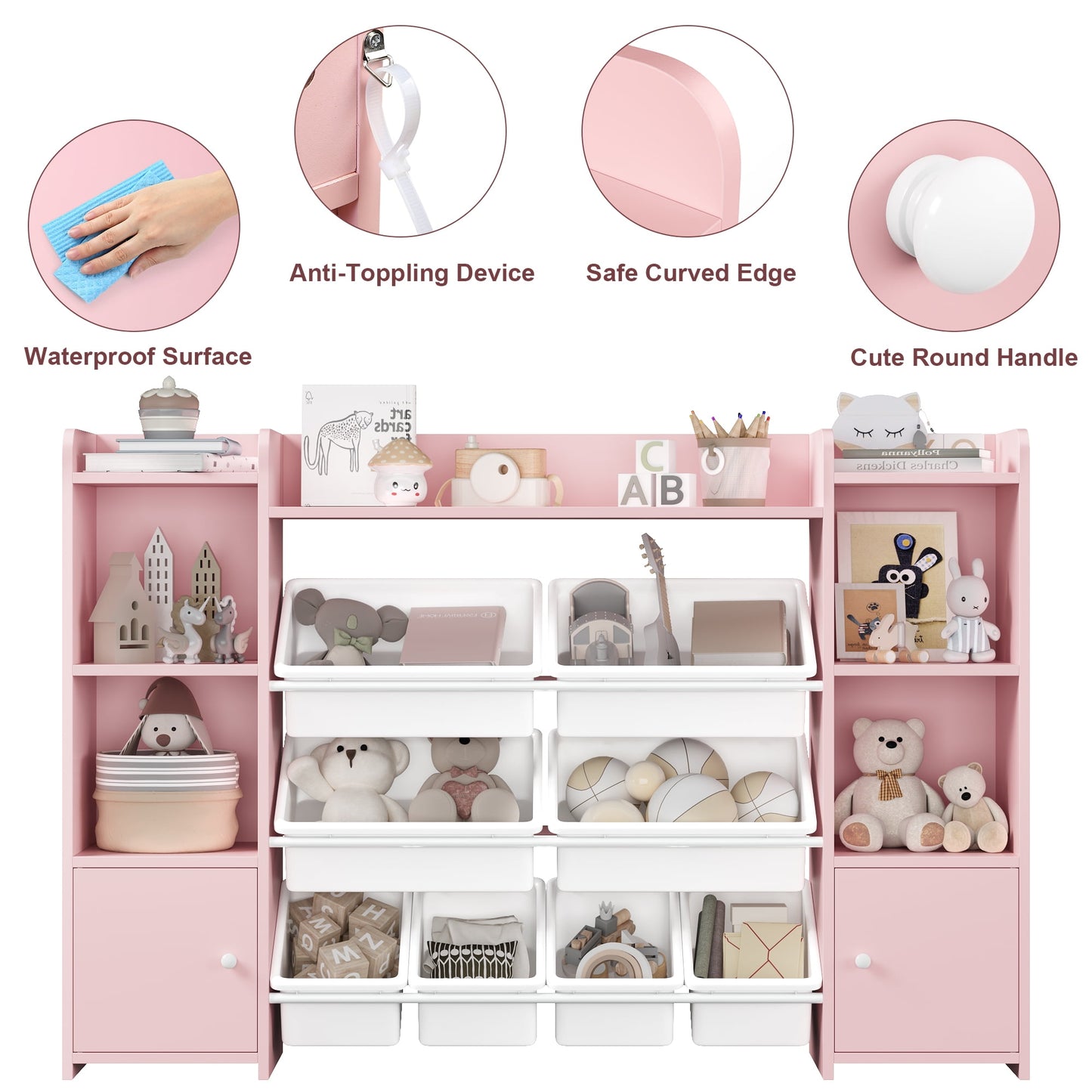 Homfa Kids Toy Organization Cubby Bookcase with 8 Bin, 2 Door Pink Storage Organizer Bookshelf for Children Room Playroom