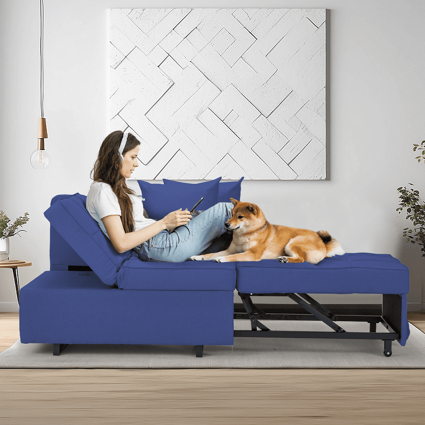 Hommow 3-in-1 Sleeper Sofa Chair Bed , 5-position Adjustable Backrest Pull Out Sofa Bed with Faux Linen Sofa Fabric, Fold Out Chair Bed for Living Rooms, Apartments, Small Rooms, Dark Blue