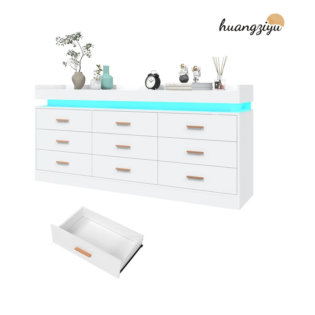 9 Drawer Dresser with LED Light, Wide Drawer Organizer Cabinet for Bedroom, Modern Chest of Drawers for Closet, Entryway, Hallway(9 Drawer White)