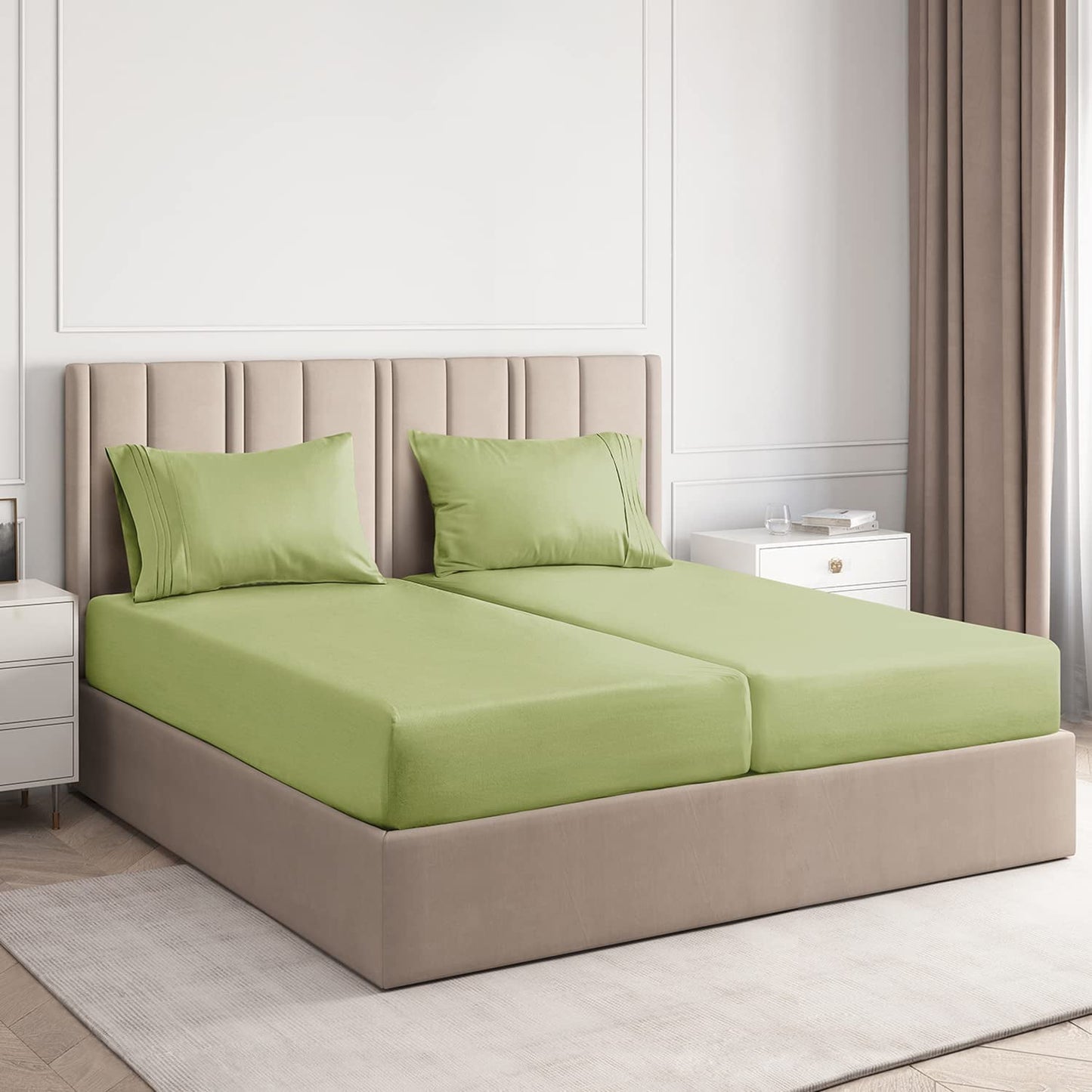 900 Thread Count 5 Piece Split King Sheets Sets Set ( 2- Twin XL Fitted Sheets 1-Flat sheet and 2-Pillow covers ) with 24in deep pocket for Adjustable Bed Color Sage Solid