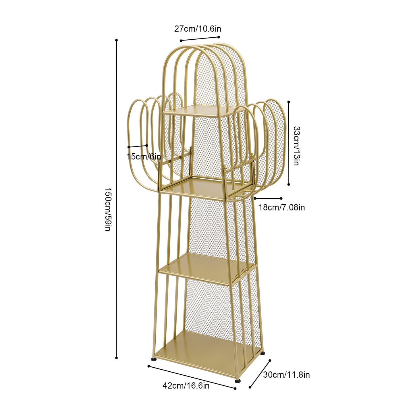 4 Tier Cactus Shape Bookcase, Iron Bookshelf Storage Rack Shelf, Living Room Sundry Shelf, Flower Stand with 8 Hooks, Bedroom Bookshelf for Kids & Adults
