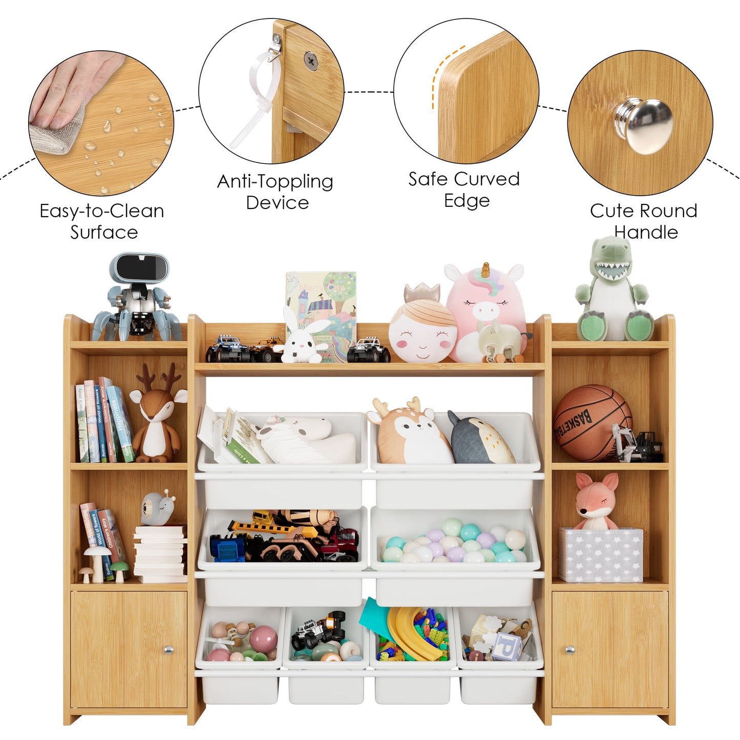 Homfa Kids Toy Organization Cubby Bookcase with 9 Bin, 2 Door Storage Organizer Bookshelf for Children Room Playroom, Natural