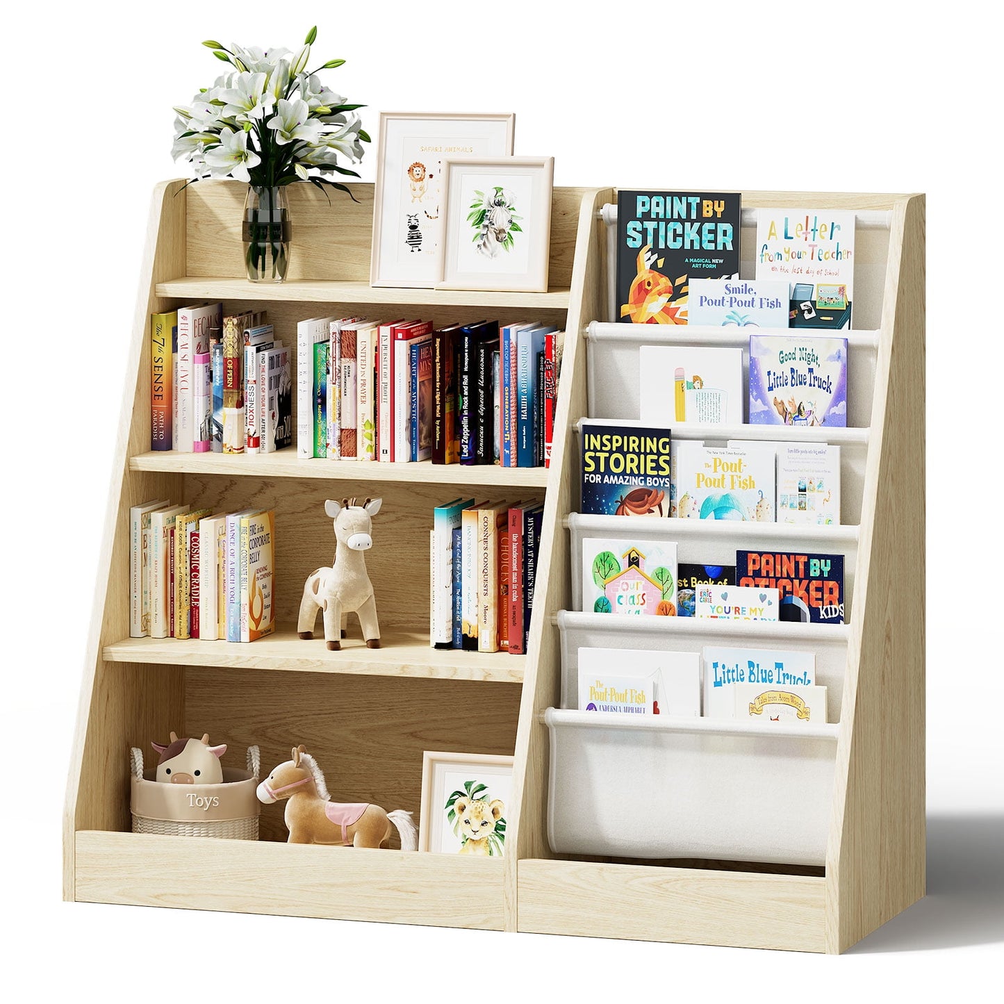 Hironpal Kids Bookshelf, 4 Tier Storage Book Rack and Five Layer Sling Bookshelf for Playroom,Burlywood