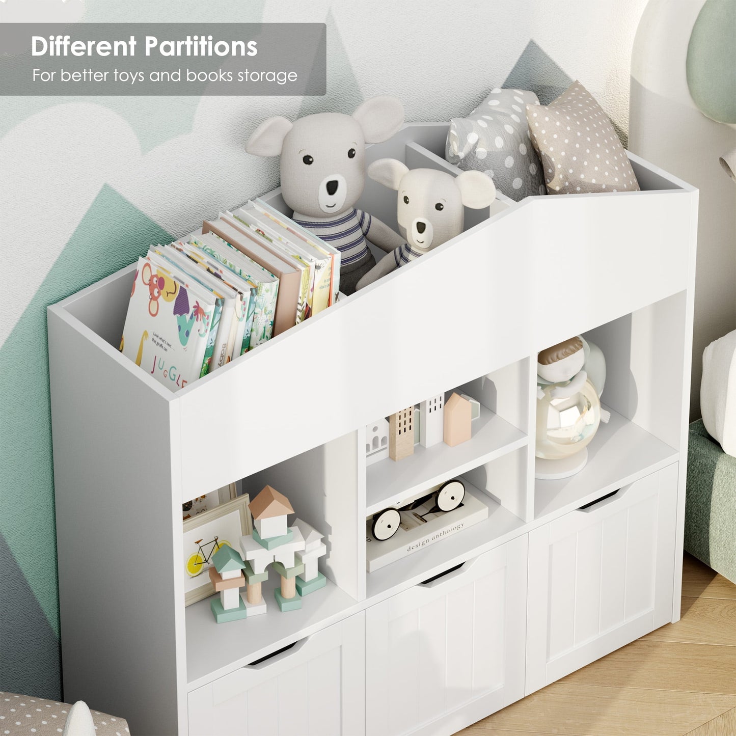 Homfa 3-in-1 Kids Toy Storage Cabinet Bookshelf with 3 Drawers, 39.4in L x 12.8in W x 35.4in H Sturdy Toy Organizer Kids Room, White