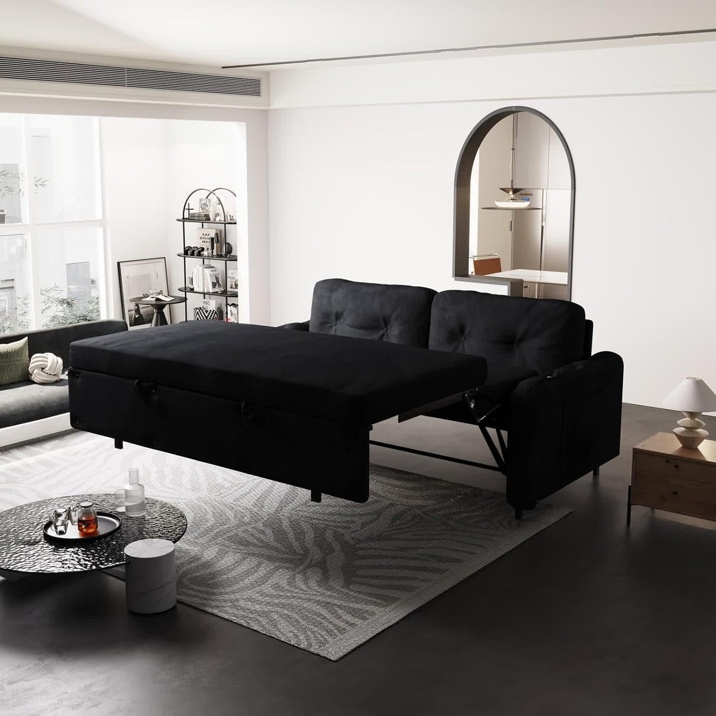 66.2in Sleep Sofa Bed Queen Size, Hydraulic System Pull Out Couch Bed, Sleeper Sofa Loveseat with 2 Pillows, Modern Velvet Upholstered Couch for Living Room, Small Space, Apartment, Bedroom, Black