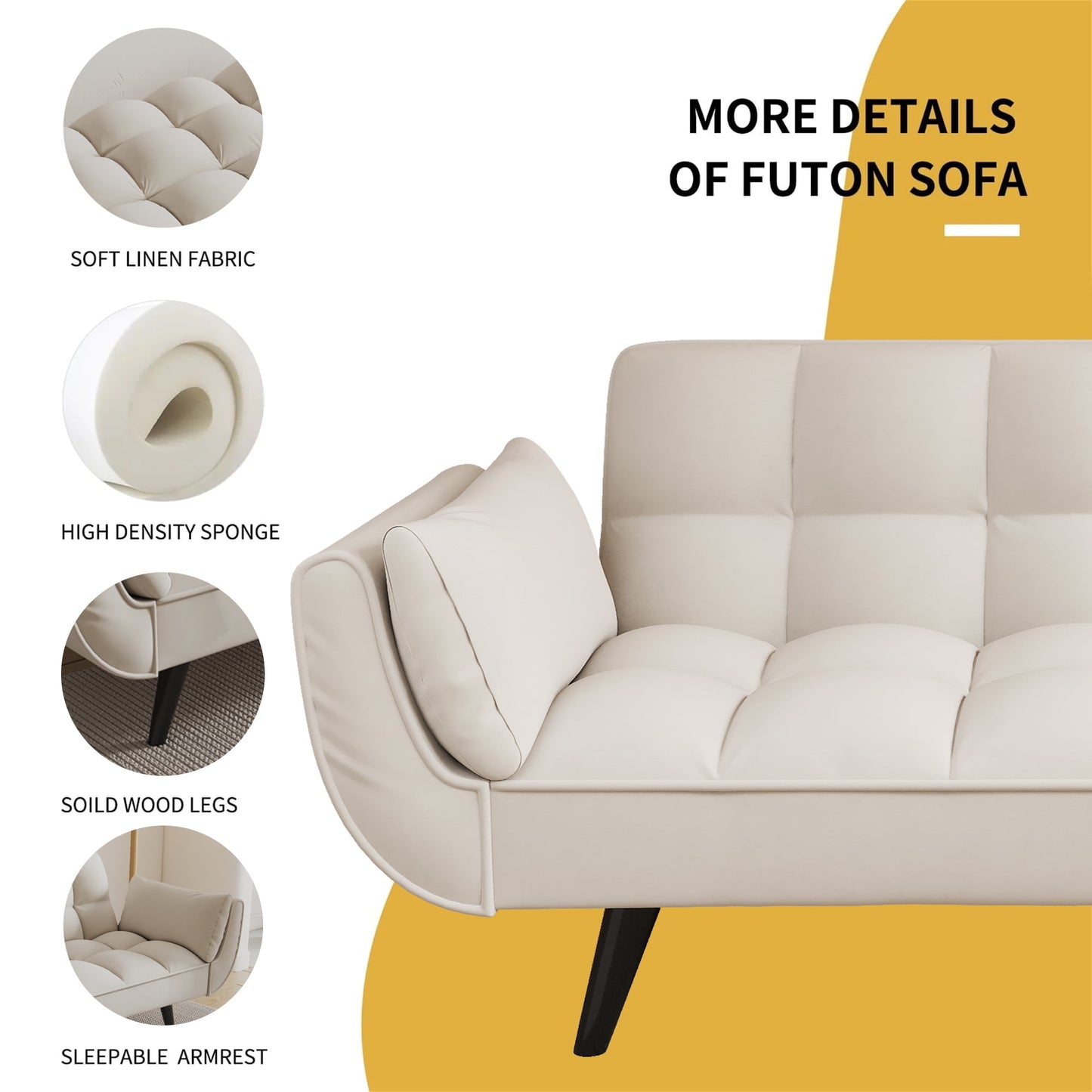 Aukfa 74in Flared Arm Futon Convertible Sofa Bed, Curved Sleeper Sofa for Home Office, Velvet, Beige
