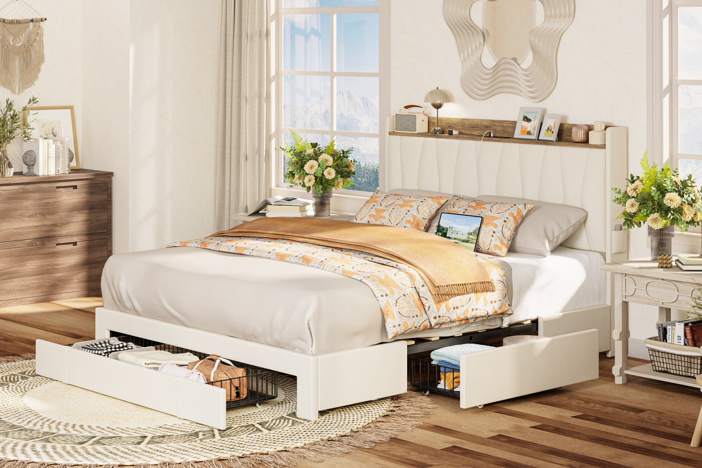 ANCTOR Queen Bed Frame with Upholstered Storage Headboard for Adult, 3 Drawers, Charging Station