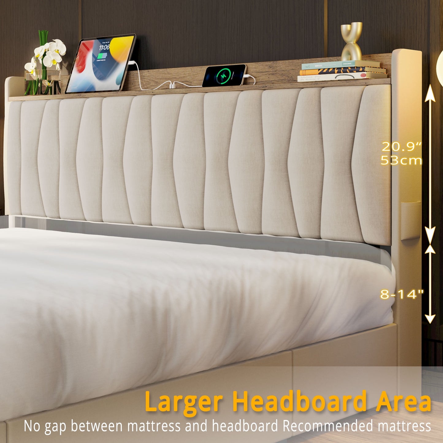 ANCTOR Twin Bed Frame with 3 Drawers, Upholstered Headboard, USB Shelf, No Box Spring, Easy Assembly