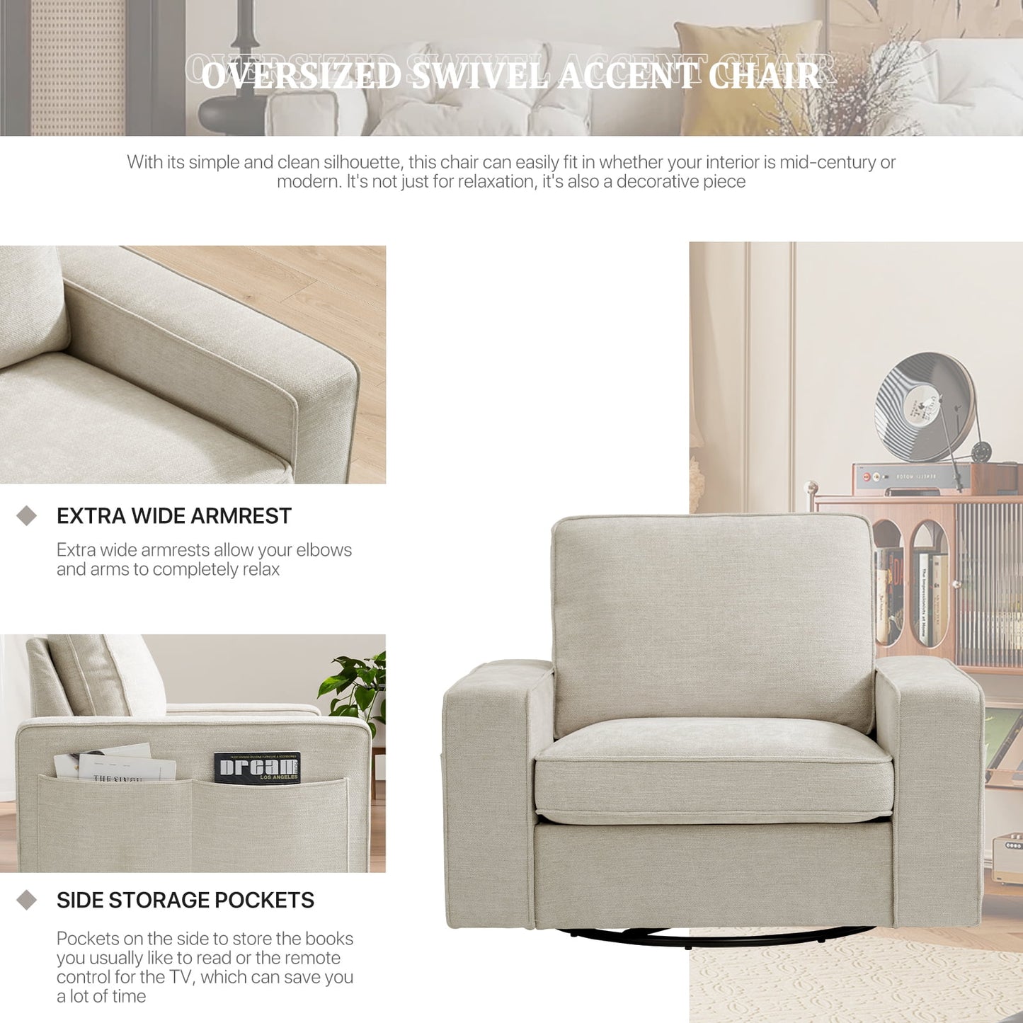 INGALIK Swivel Accent Chair, 40.2in W Oversize Chenille Accent Armchair with Storage Bag, Modern Comfortable Chair for Living Room, Bedroom, Beige