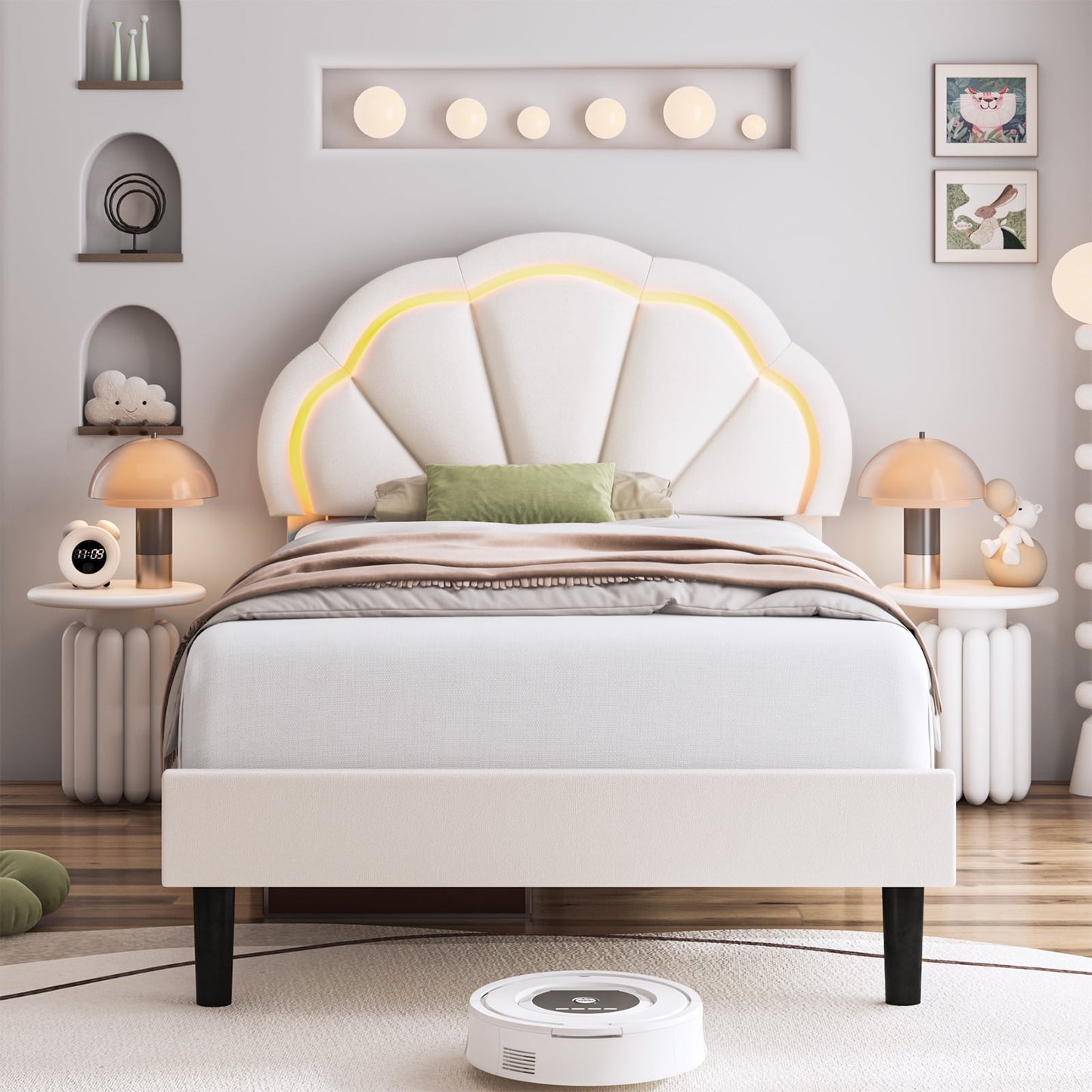 Homfa Modern Twin Size Velvet LED Bed Frame with Adjustable Headboard, Off-White