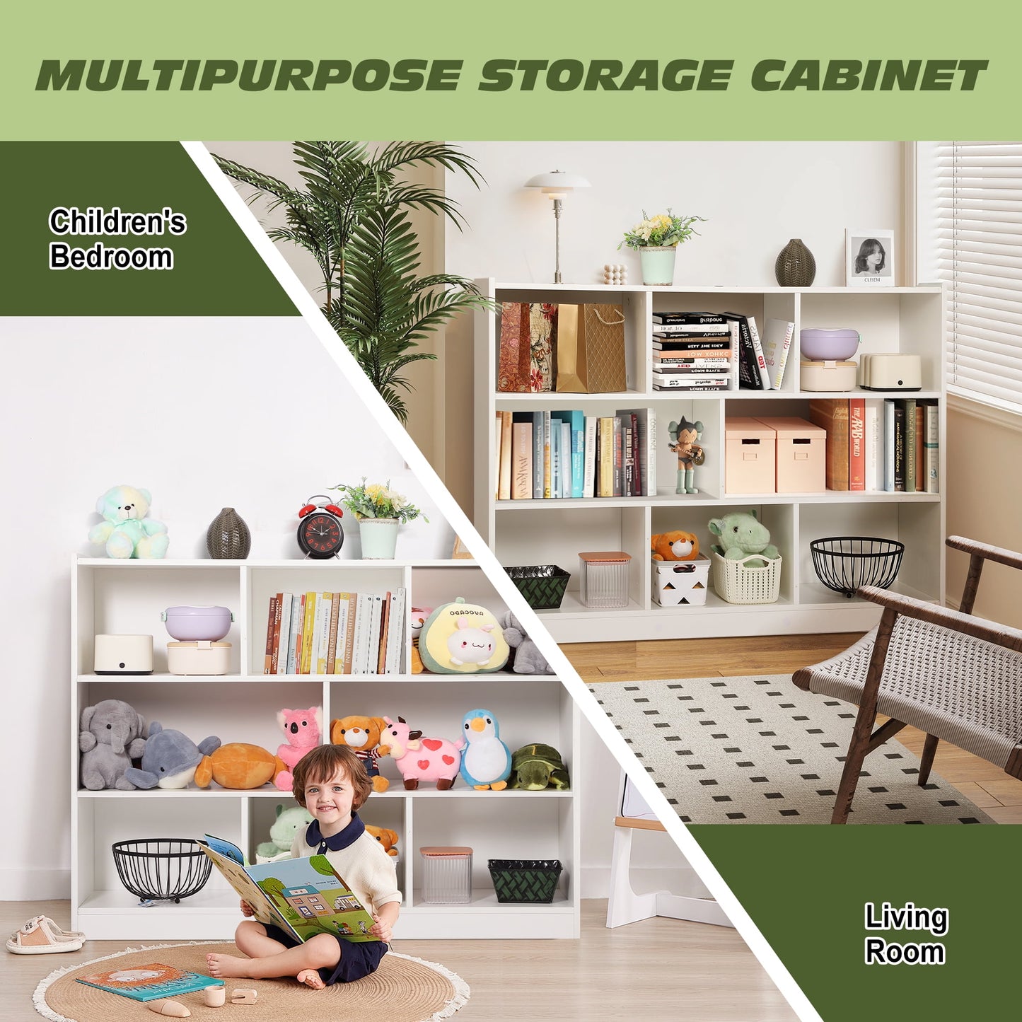 Haverchair Kids Bookshelf and Toy Storage Organizer, 3 Tier 8-Section Storage Daycare Shelf for Playroom, Children 3-Tier Open Wooden Display Book Shelf Organizer for Playroom, Classroom