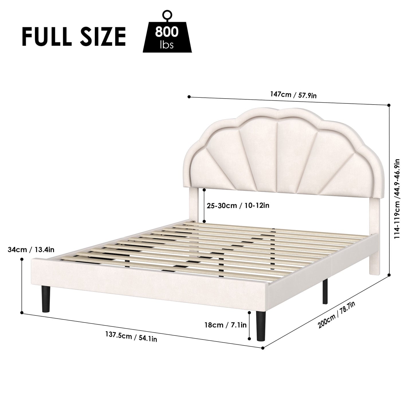 Homfa LED Bed Frame, Full Size Bed for Kids Girls, Velvet Upholstered Platform Bed with Adjustable Headboard, Off-White