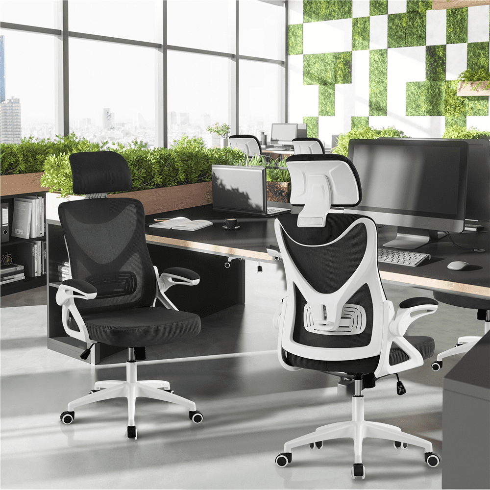 Alden Design High Back Ergonomic Mesh Office Chair with Adjustable Padded Headrest, White/Black