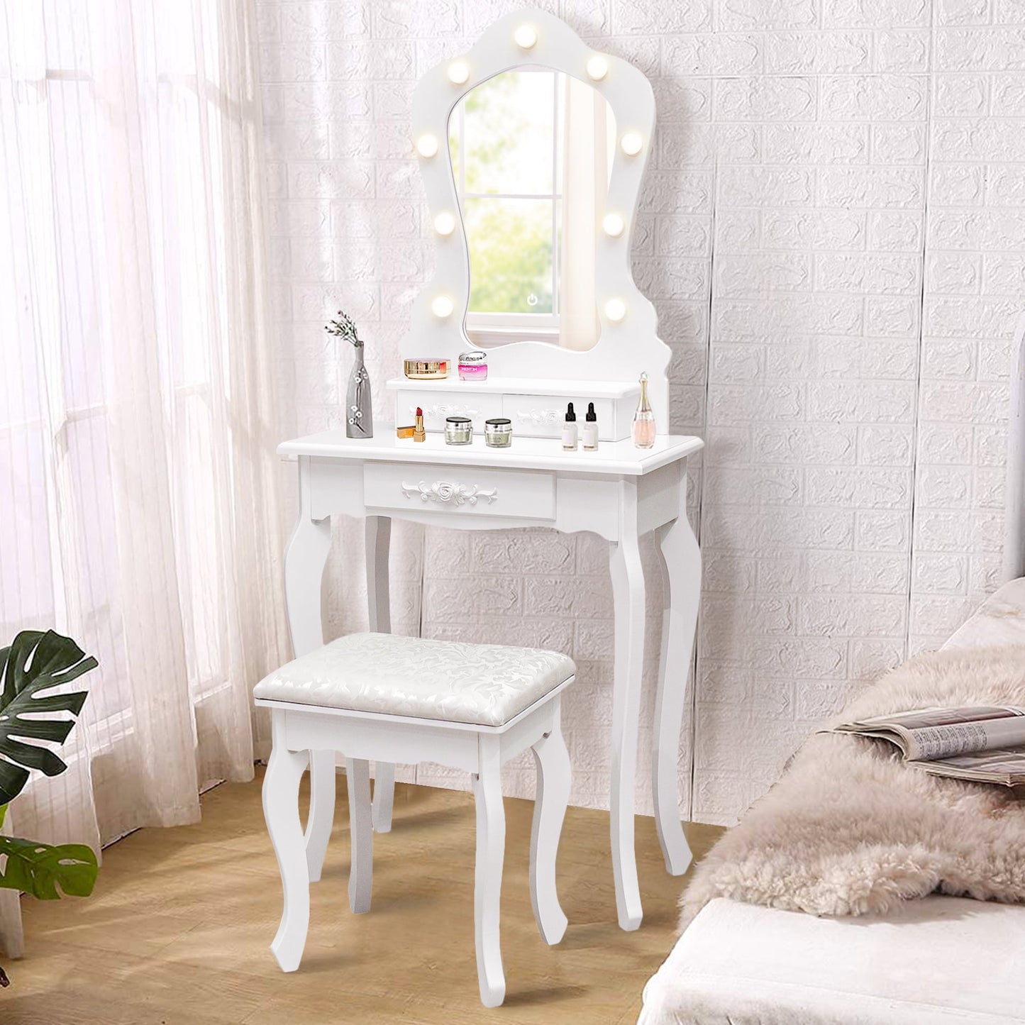 HSUNNS Modern Vanity Set, 4 Drawers Makeup Desk with Cushion Stool & Storage Shelves, Sliding Mirror, Black