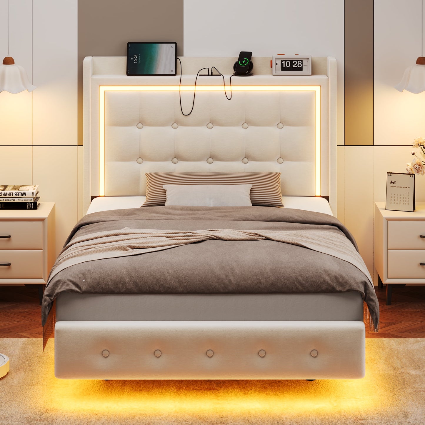 Homfa Velvet Upholstered Twin Size Floating Bed Frame with RGB Lights, USB Charger, & Storage Headboard, Off-White