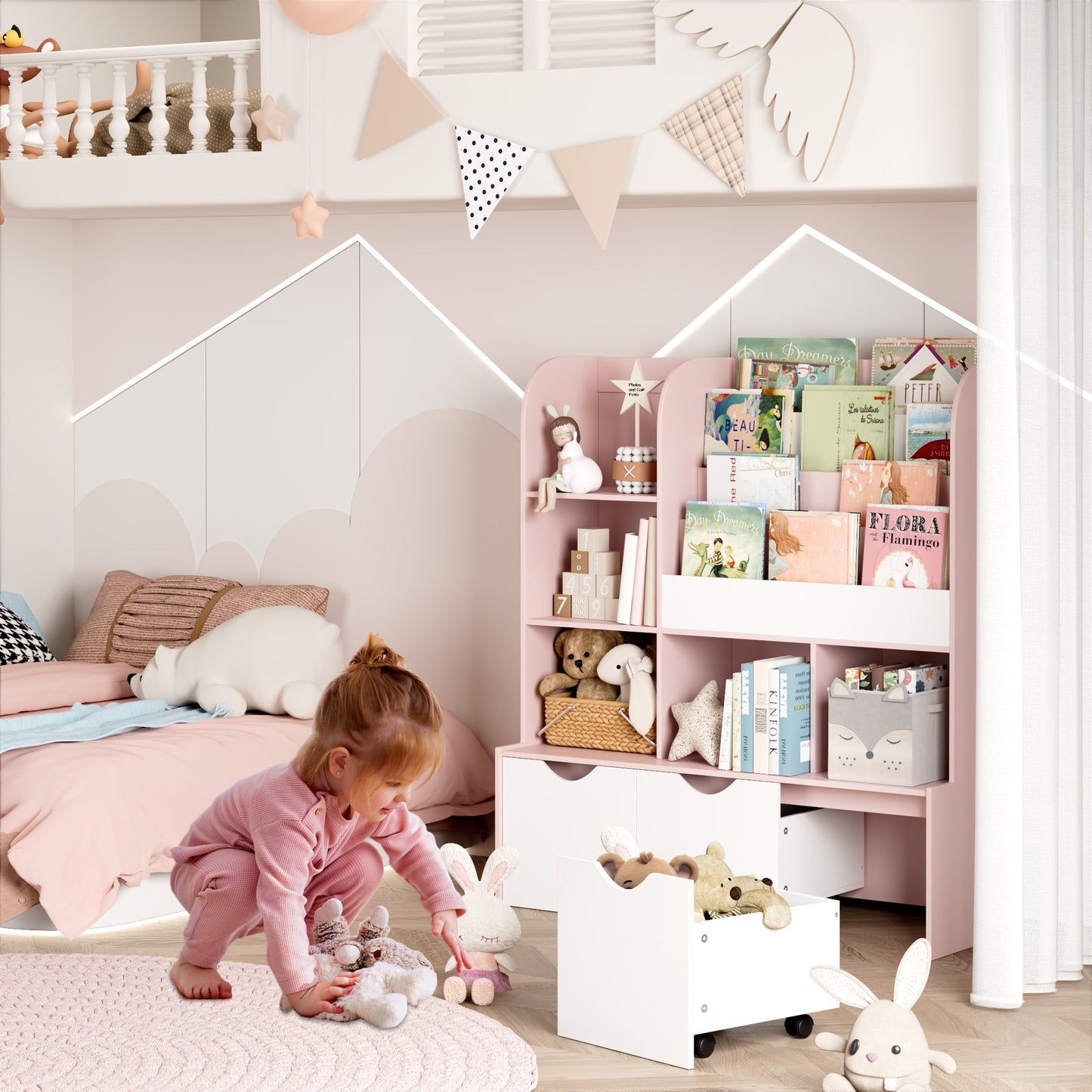 Homfa Kid's Large Bookshelf with 3 Movable Drawers, 5-Cube Bookcase with 4-Tier Display Stand, Toy Storage Organizer for Bedroom Playroom, White Pink