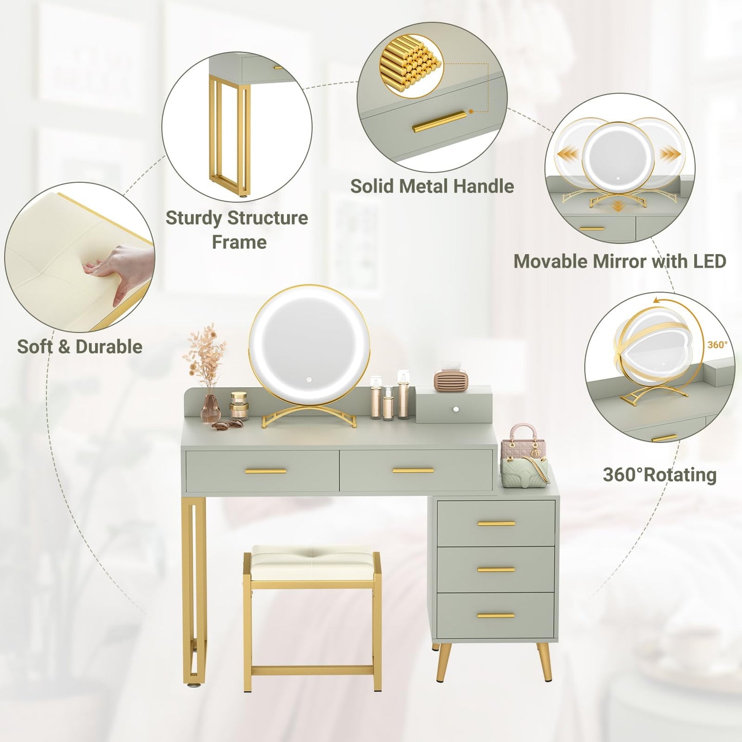 Homieasy Vanity Desk with Mirror and Lights, Modern Makeup Vanity Table Set with 6 Storage Drawers and Cushioned Stool for Bedroom, Dressing Table with Divided Organizers for Women, Cyan