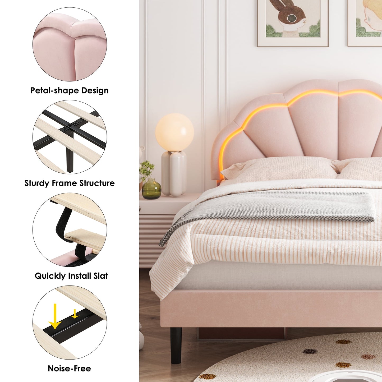 Homfa LED Bed Frame, Queen Size Velvet Upholstered Platform Bed with Adjustable Headboard, Lights Seashell Bed for Kids Girls, Pink