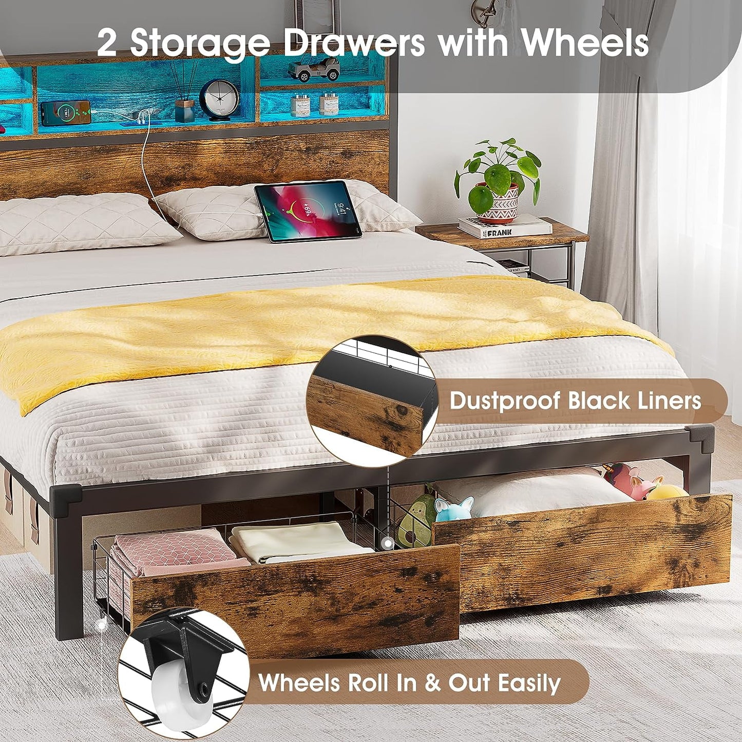 Alohappy Full Size Bed Frame with Storage Headboard and Drawers, Metal Platform Bed Frame RGB Led Lights and with Charging Station, No Nosie No Box Spring Needed