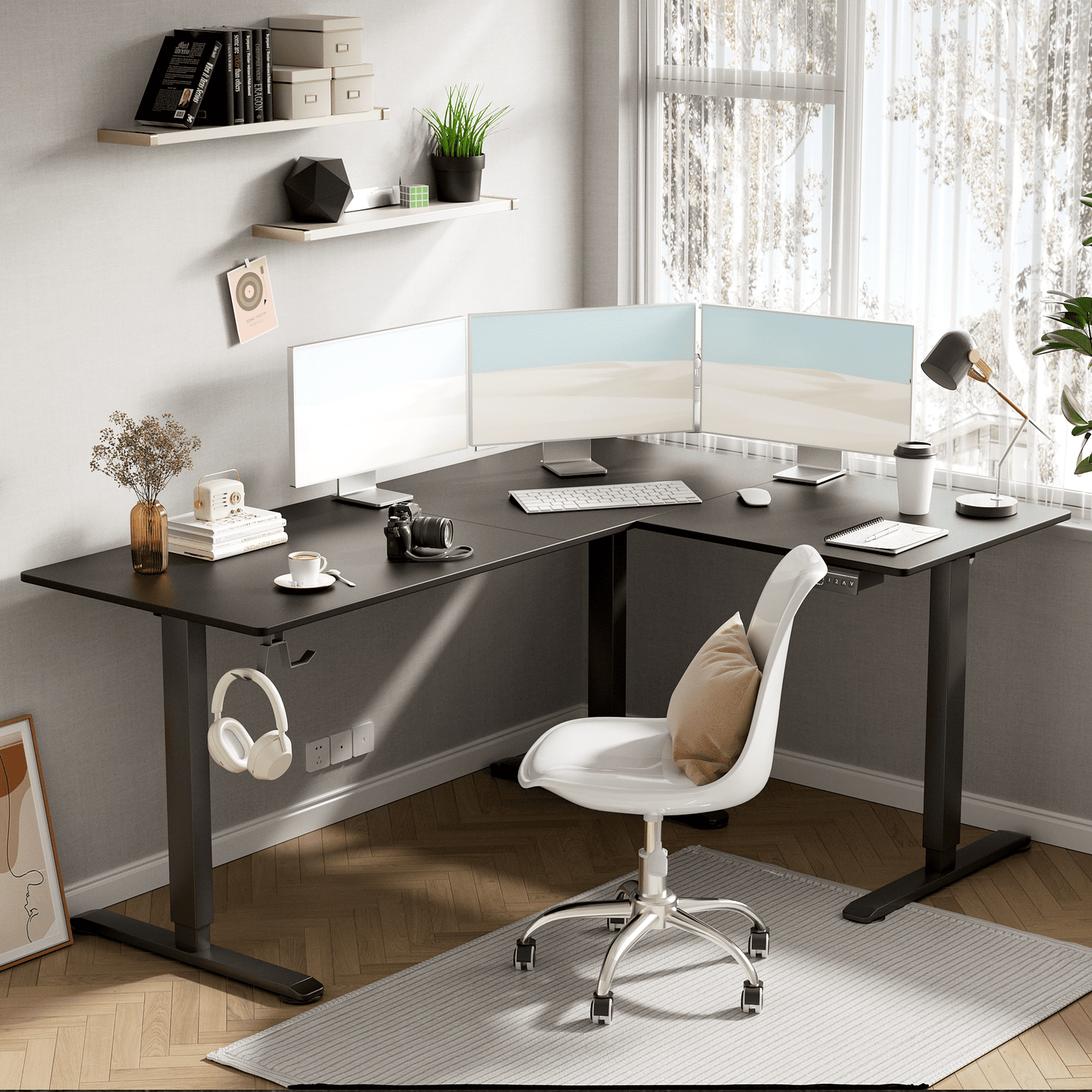 Homall 63in Wide L-shaped Electric Sit-Stand Desk Lifting Range 28~46in Height Gear Memory Ergonomics Standing Desk Height Adjustable Computer Desk, Black