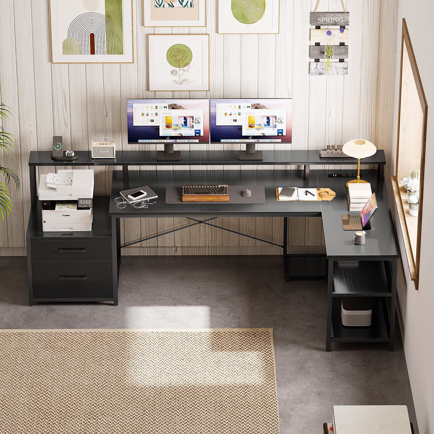 66in Reversible L Shaped Desk with File Drawer & Power Outlet, Modern Computer Desk with LED Strip, Home Office Desk with Storage Shelves, Gaming Desk with Monitor Shelf, Corner Desk, Black