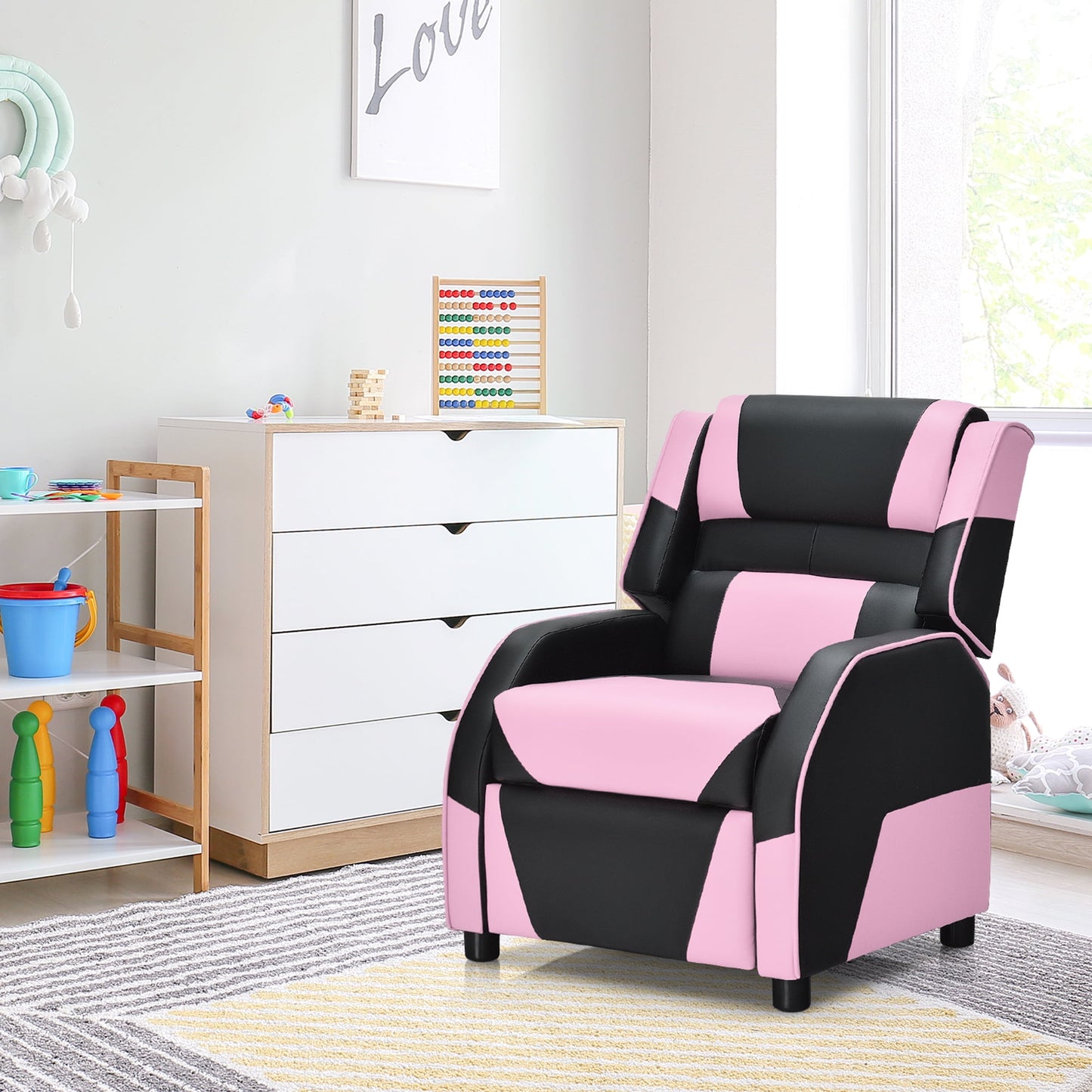Gymax Gaming Recliner Sofa PU Leather Armchair for Kids Youth w/ Footrest Pink