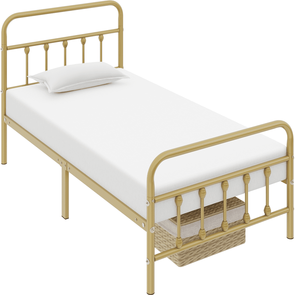 Alden Design Metal Platform Twin XL Bed with High Headboard, Antique Gold