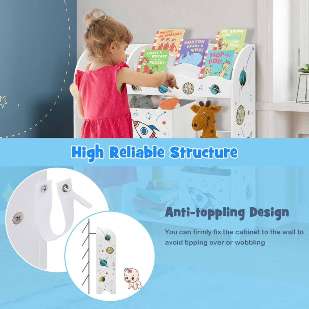 GVN Wooden Children Storage Cabinet with Storage Bins-Rocket Pattern, Toy Organizers and Storage for Kids, Boys, Girls, Nursery