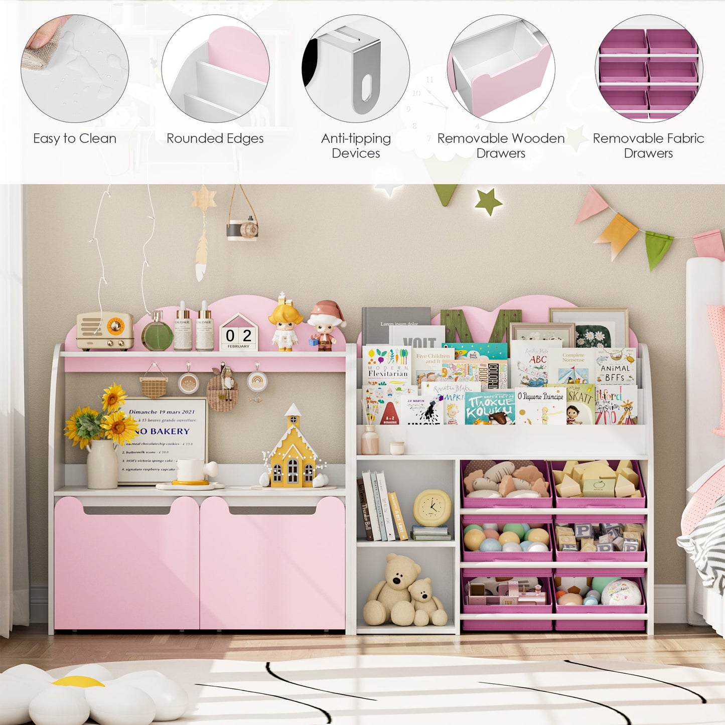 Hiphuta Kid's Toy Storage Organizer, Toddler Bookshelf with 6 Bins & 2 Removable Drawers, Book Rack Storage 3 Tiers, White Pink